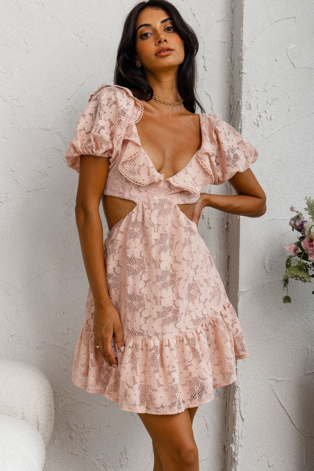 Sweet Life Cut-Out Waist Lace Dress Peach by Selfie Leslie
