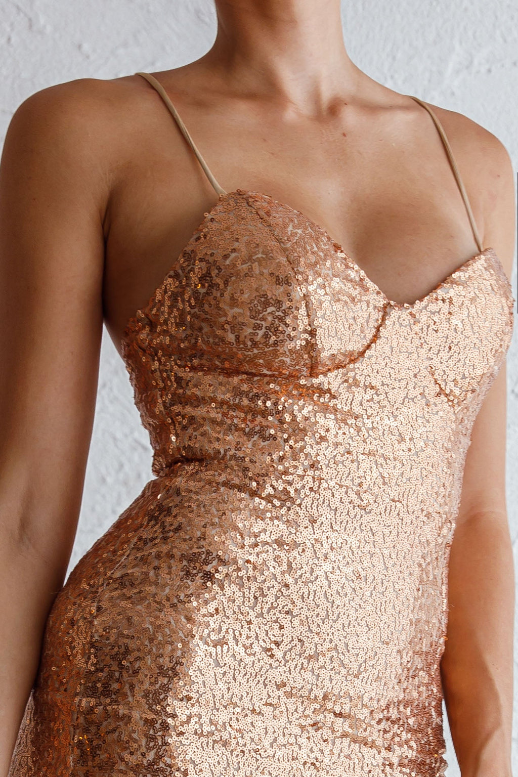Stars Collide Lace-Up Back Knee Length Sequin Dress Rose Gold by Selfie Leslie