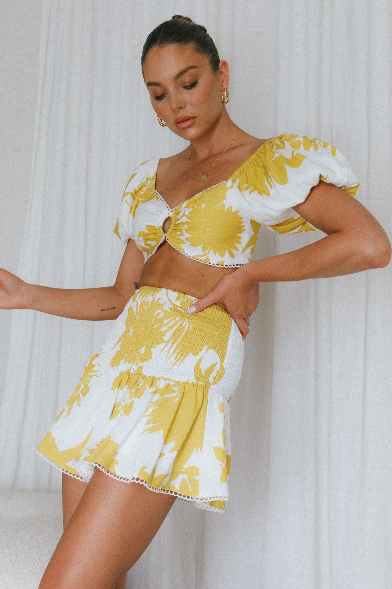 Escape With Me Shirred Mini Skirt Printed Mustard by Selfie Leslie
