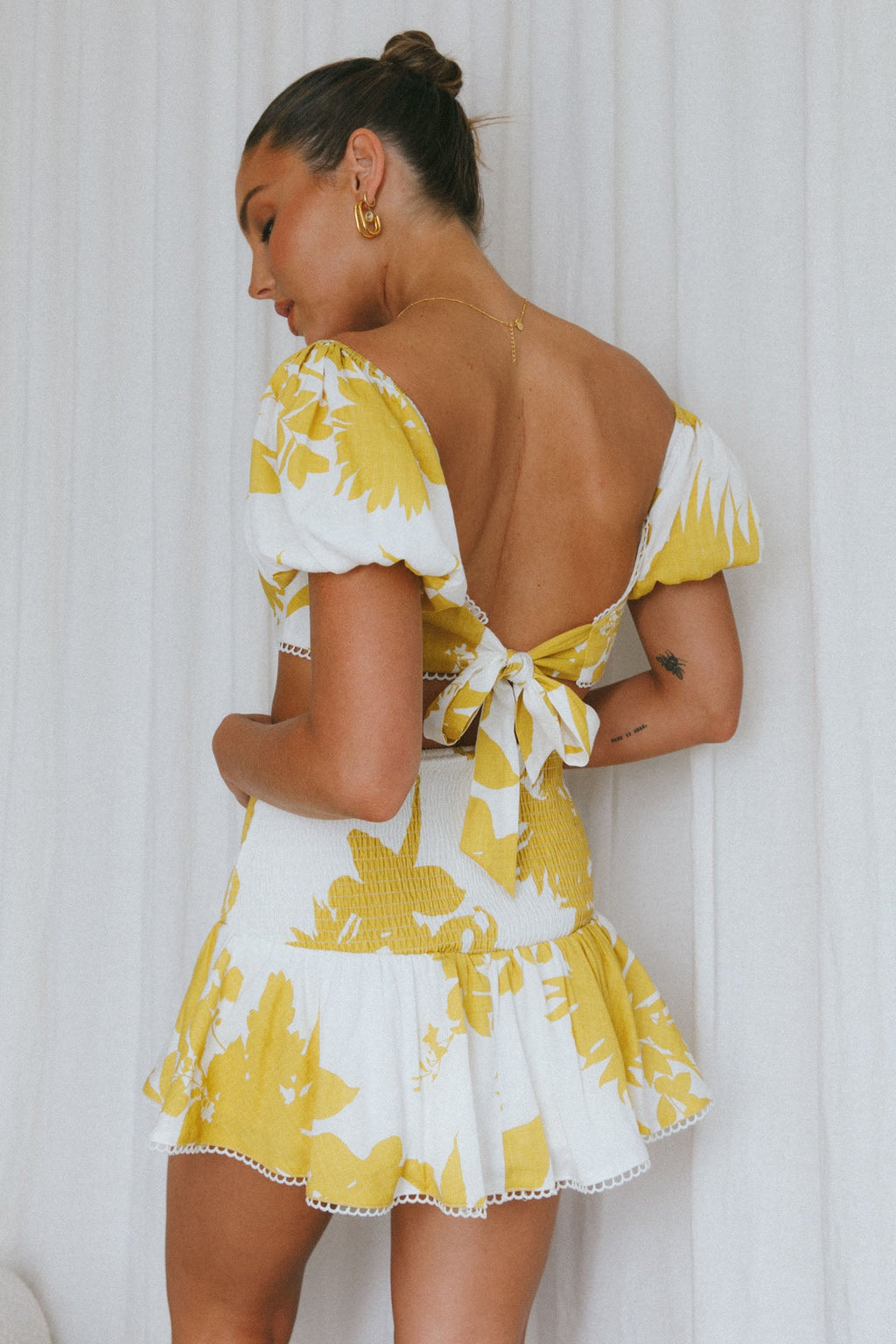 Escape With Me Shirred Mini Skirt Printed Mustard by Selfie Leslie