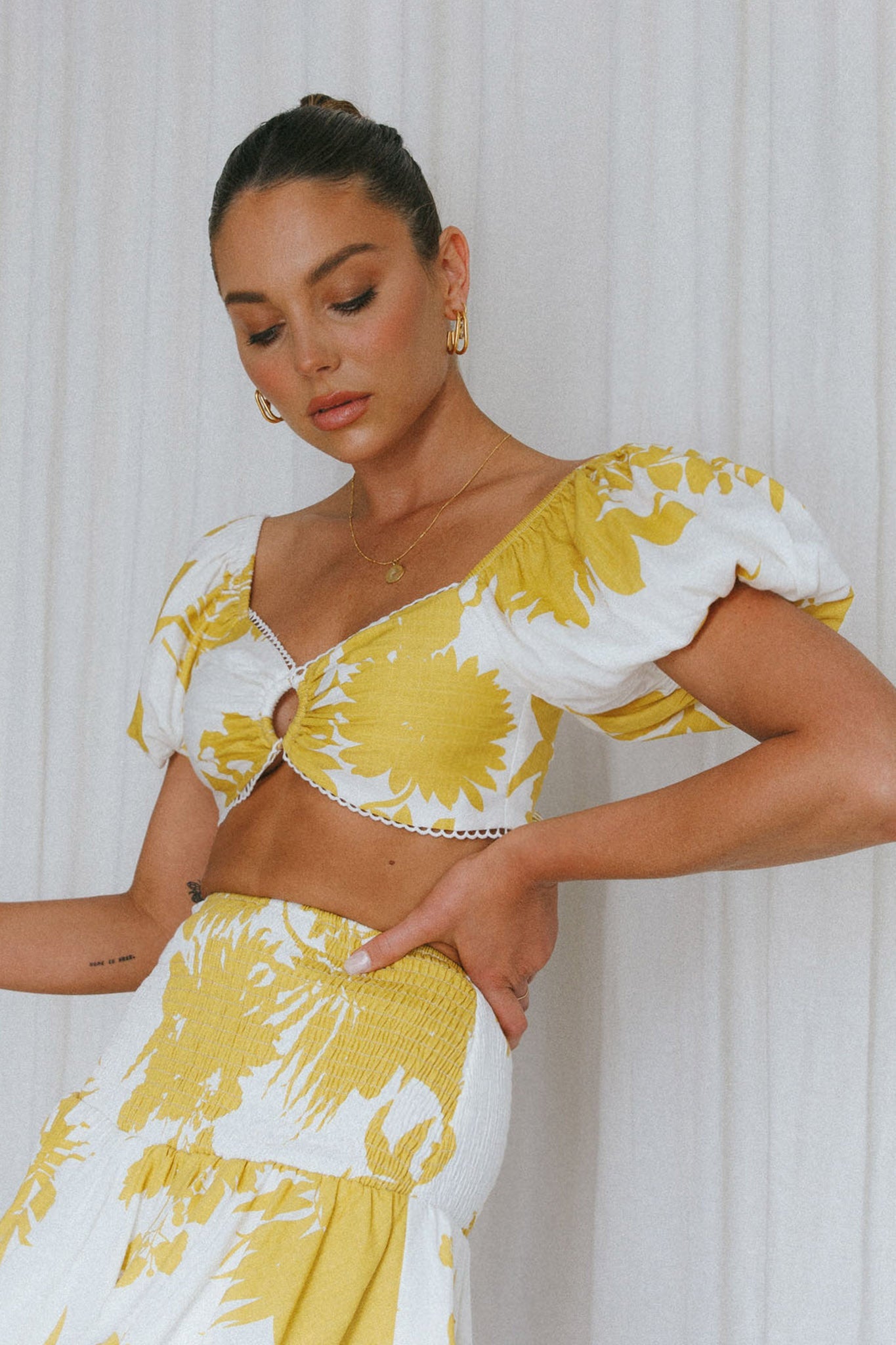 Escape With Me Tied Back Crop Top Printed Mustard by Selfie Leslie