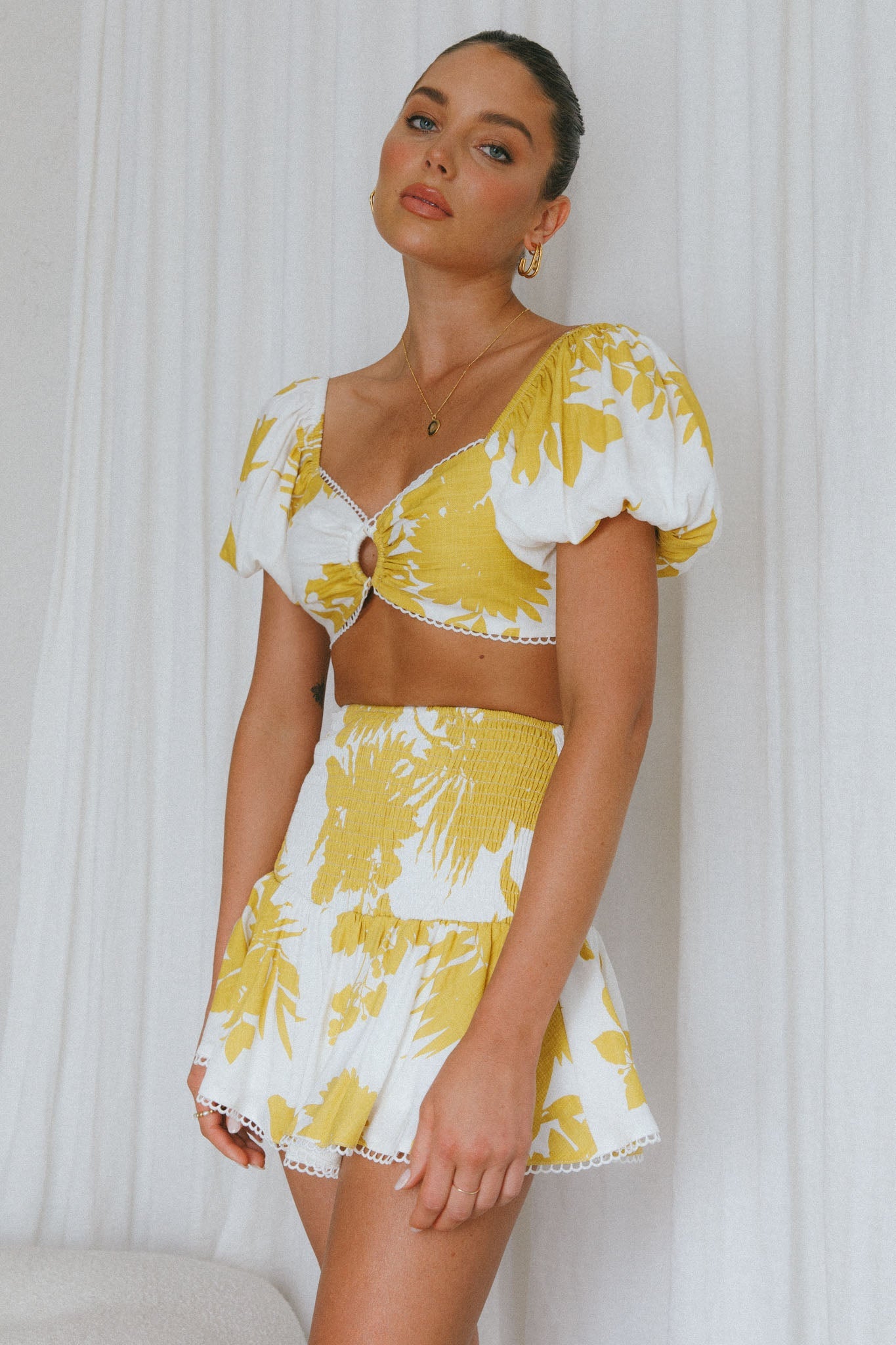 Escape With Me Tied Back Crop Top Printed Mustard by Selfie Leslie