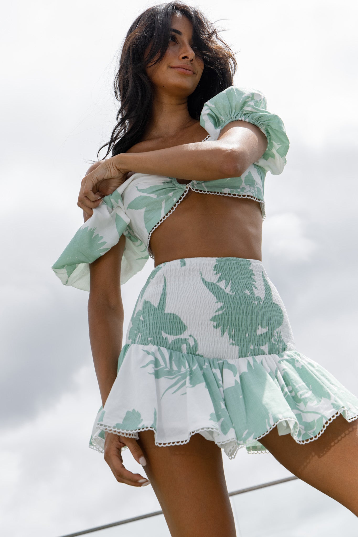 Escape With Me Tied Back Crop Top Printed Sage by Selfie Leslie