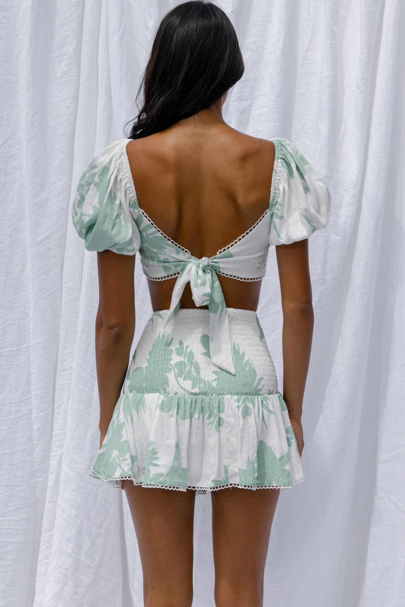 Escape With Me Tied Back Crop Top Printed Sage by Selfie Leslie