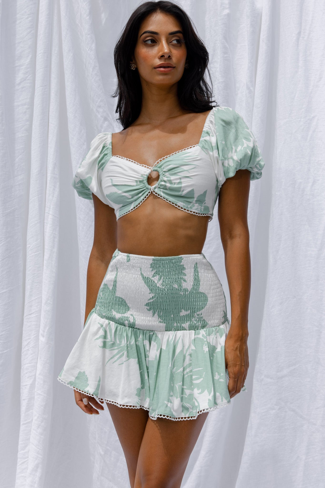 Escape With Me Tied Back Crop Top Printed Sage by Selfie Leslie
