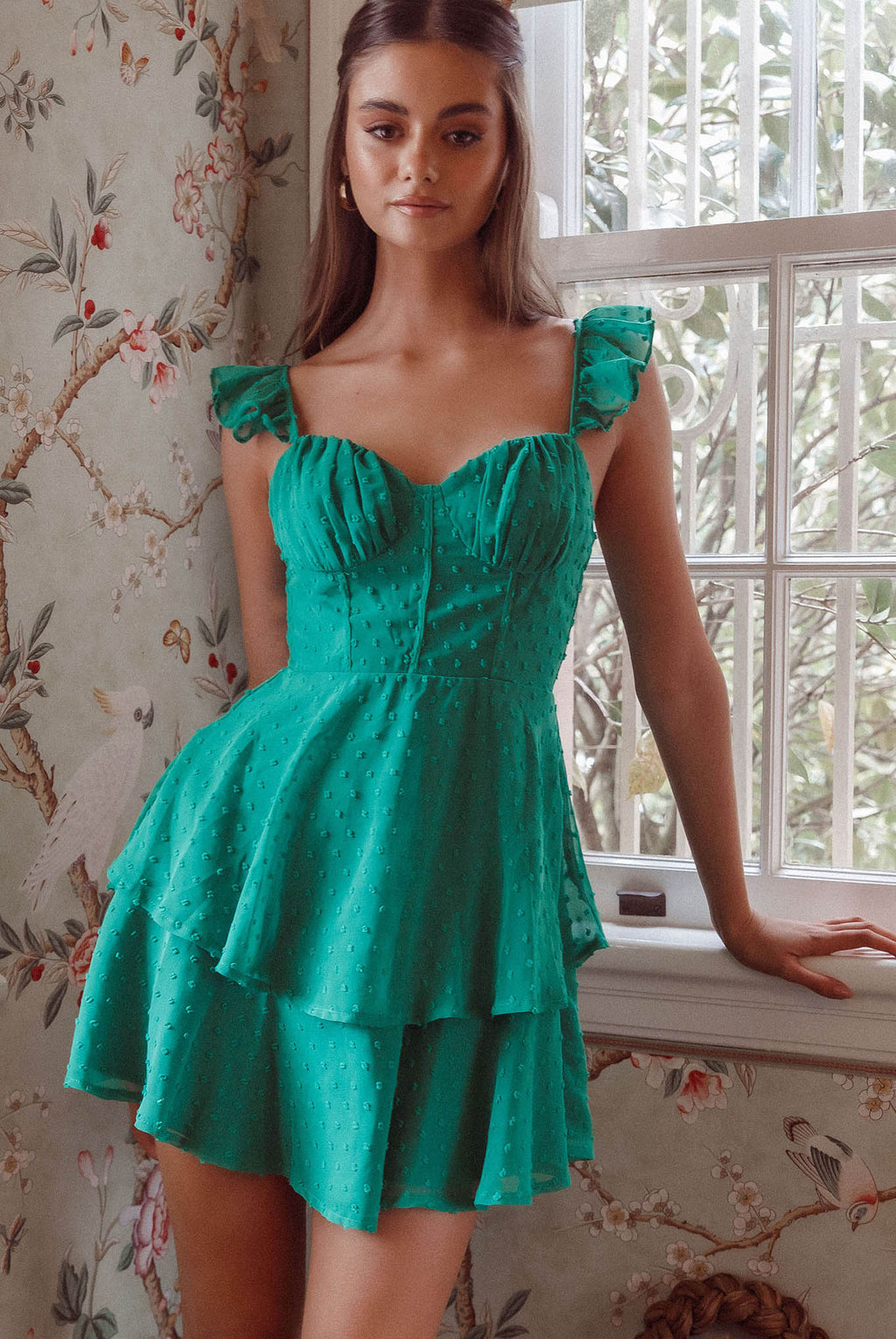 Theory Sweetheart Neckline Frill Strap Mini Dress Textured Green by Selfie Leslie Australia