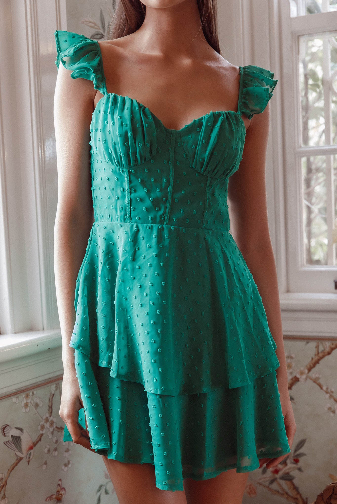 Theory Sweetheart Neckline Frill Strap Mini Dress Textured Green by Selfie Leslie Australia