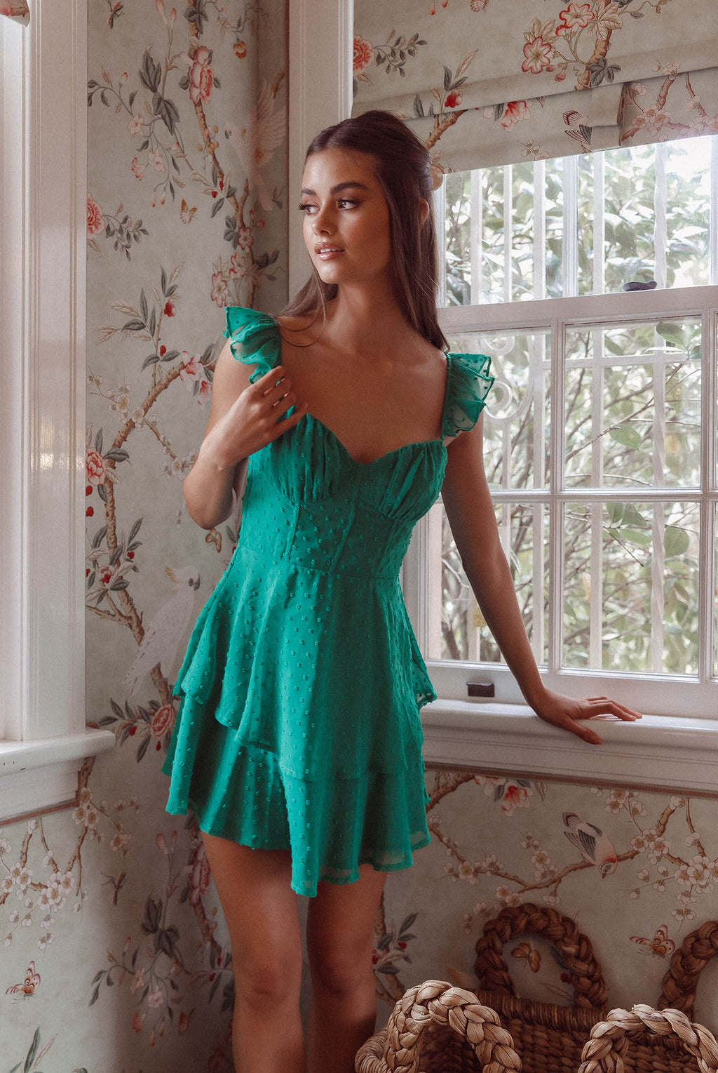Theory Sweetheart Neckline Frill Strap Mini Dress Textured Green by Selfie Leslie Australia