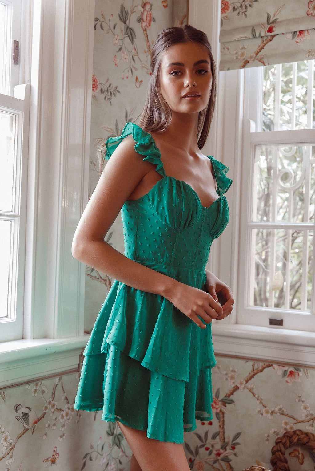 Theory Sweetheart Neckline Frill Strap Mini Dress Textured Green by Selfie Leslie Australia