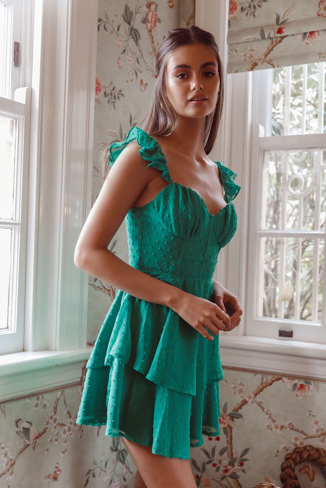 Theory Sweetheart Neckline Frill Strap Mini Dress Textured Green by Selfie Leslie Australia