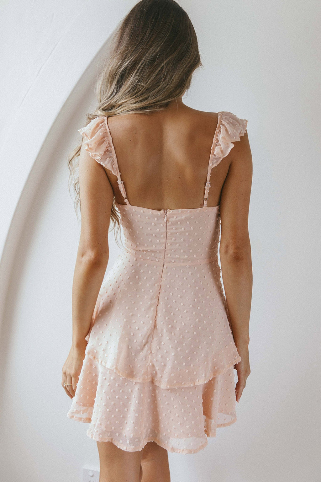 Theory Sweetheart Neckline Frill Strap Mini Dress Textured Peach by Selfie Leslie