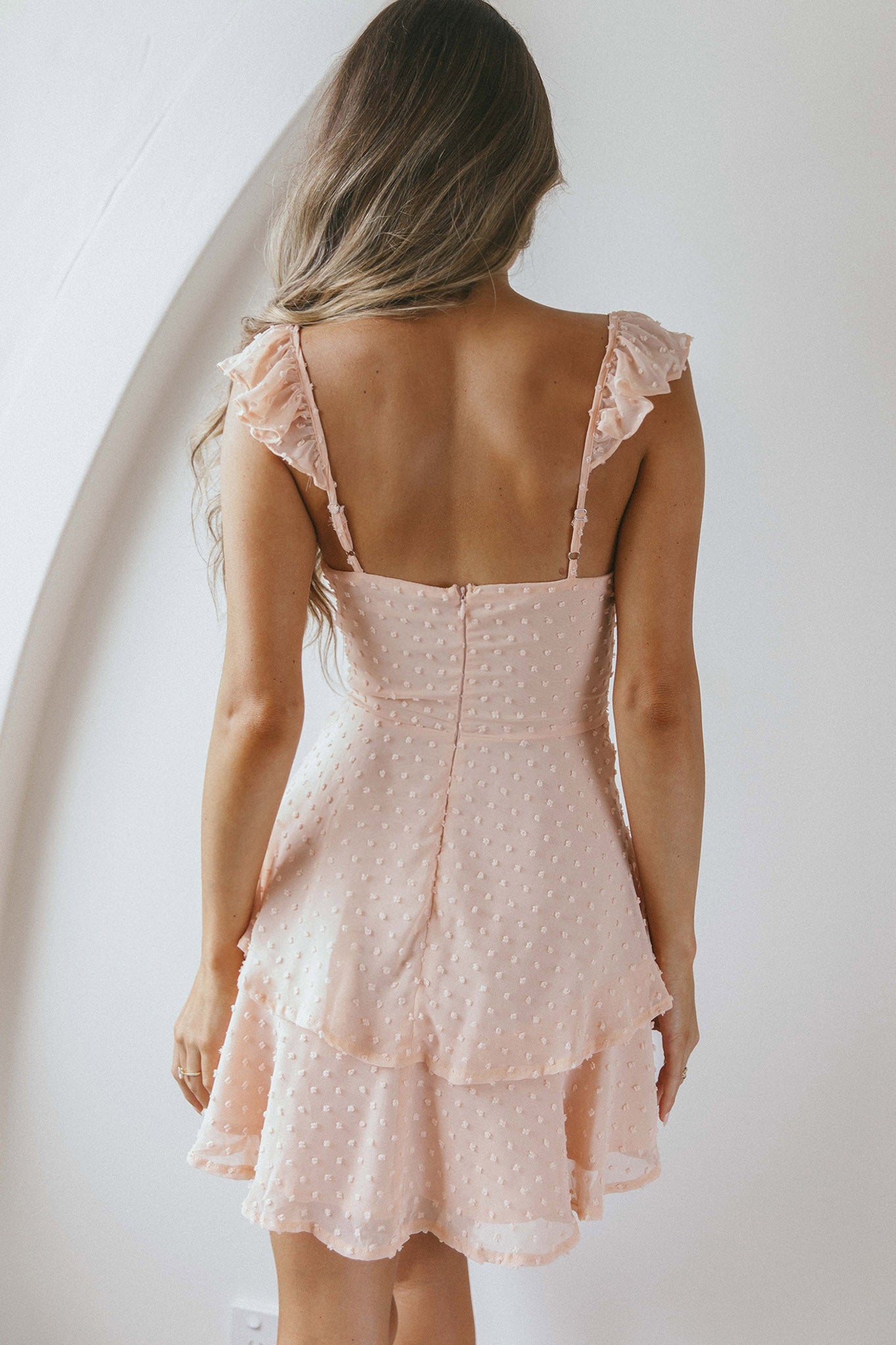 Theory Sweetheart Neckline Frill Strap Mini Dress Textured Peach by Selfie Leslie