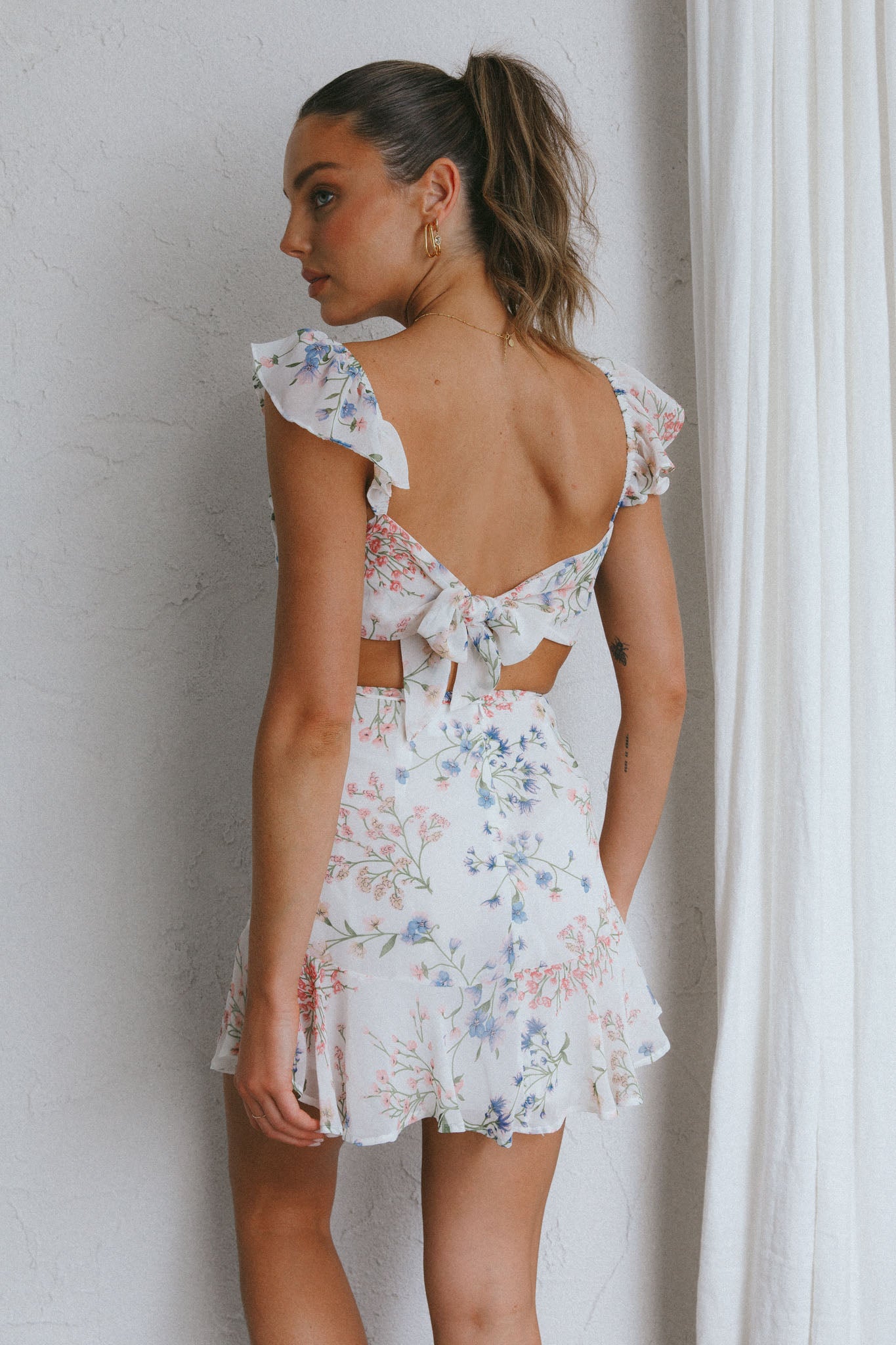 Barcelona Tied Back Mini Dress Floral White by Selfie Leslie Australia