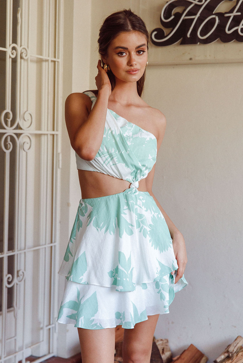 Olli One-Shoulder Cut-Out Dress Print Sage by Selfie Leslie Australia