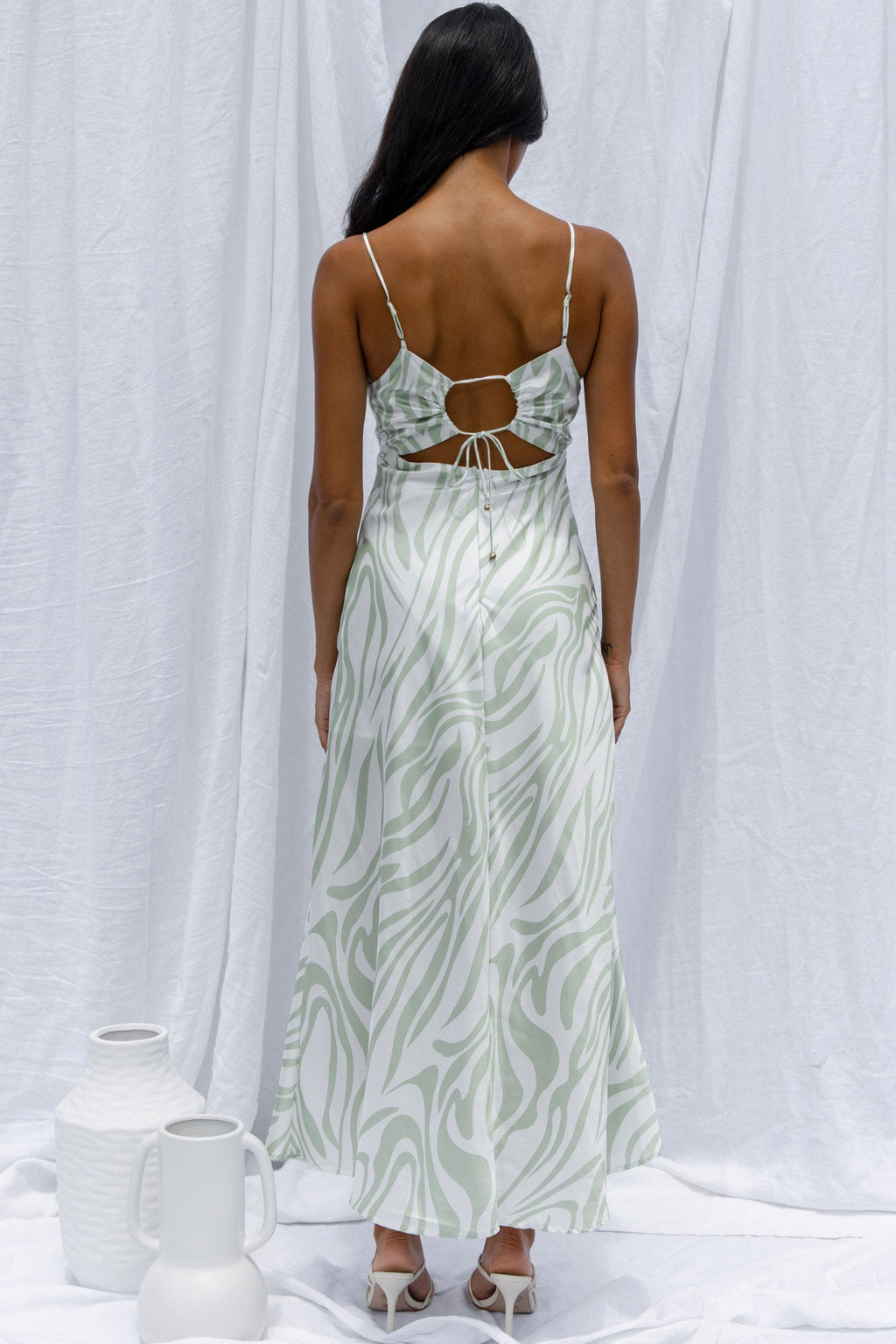 Jasper Cowl Neck Cut-Out Drawstring Back Midi Dress Zebra Print Lime by Selfie Leslie