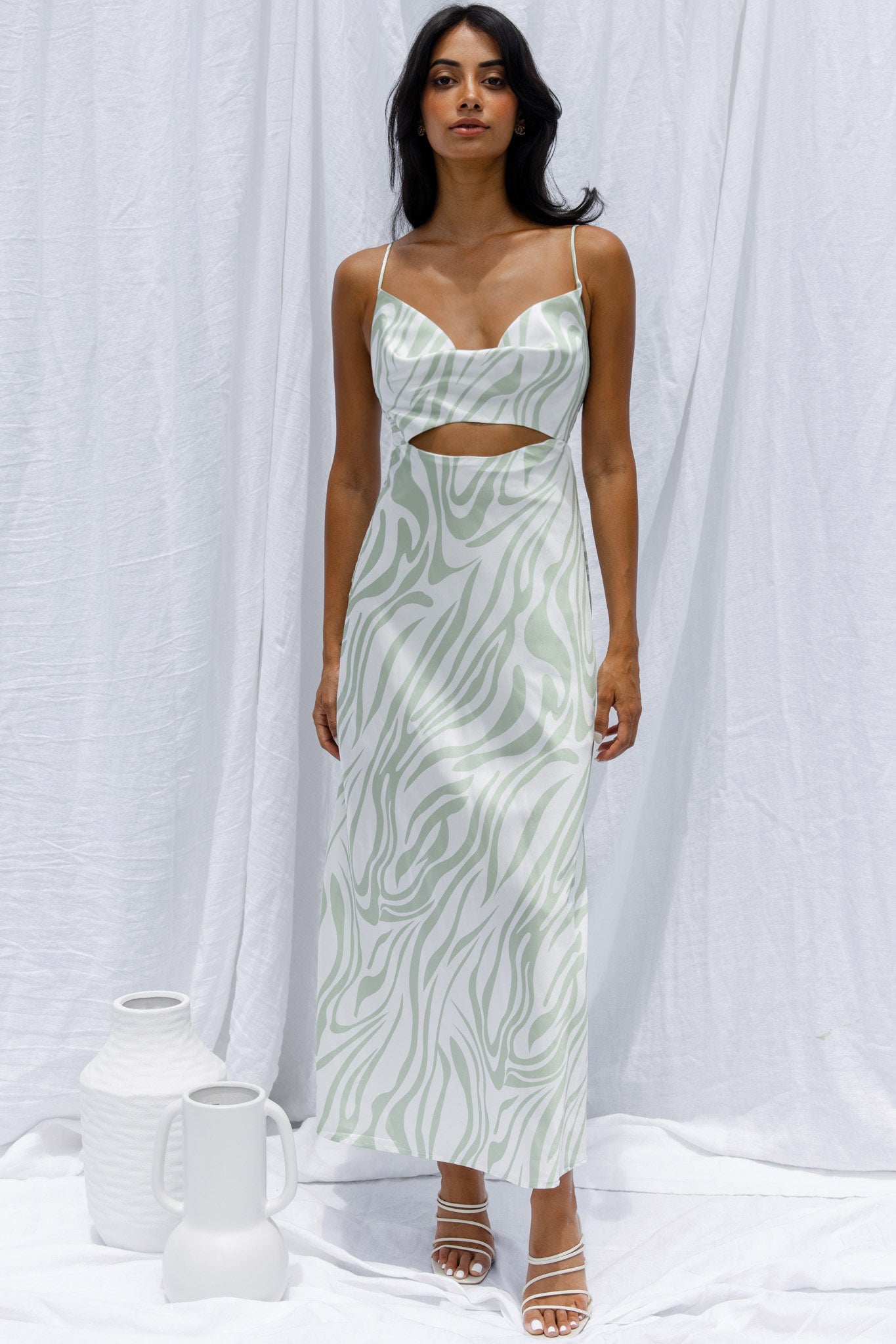 Jasper Cowl Neck Cut-Out Drawstring Back Midi Dress Zebra Print Lime by Selfie Leslie