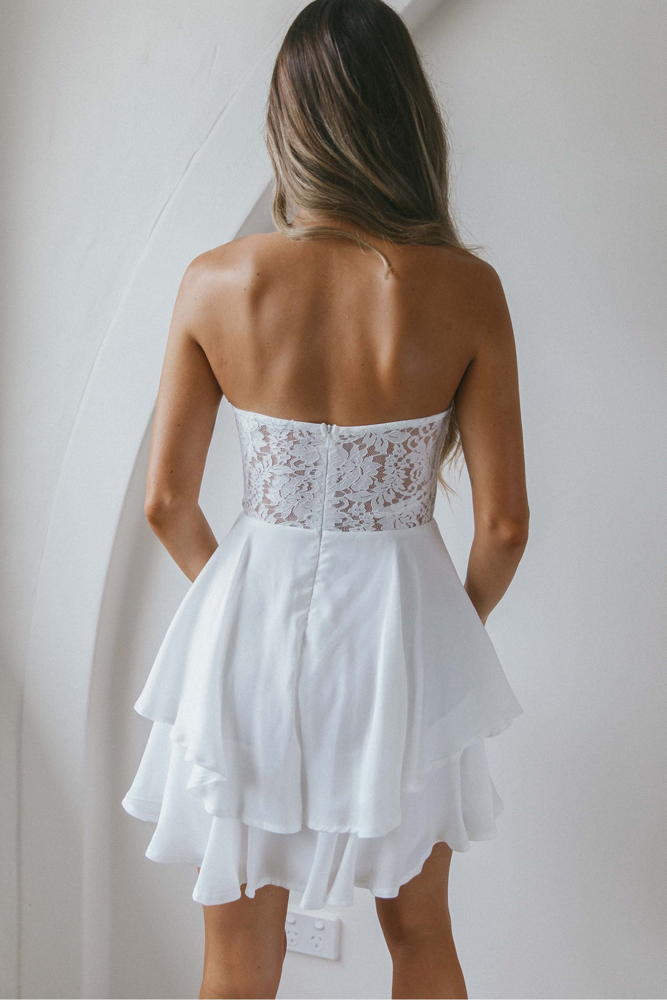 In Your Arms Strapless Lace Bodice Layered Hem Mini Dress White by Selfie Leslie