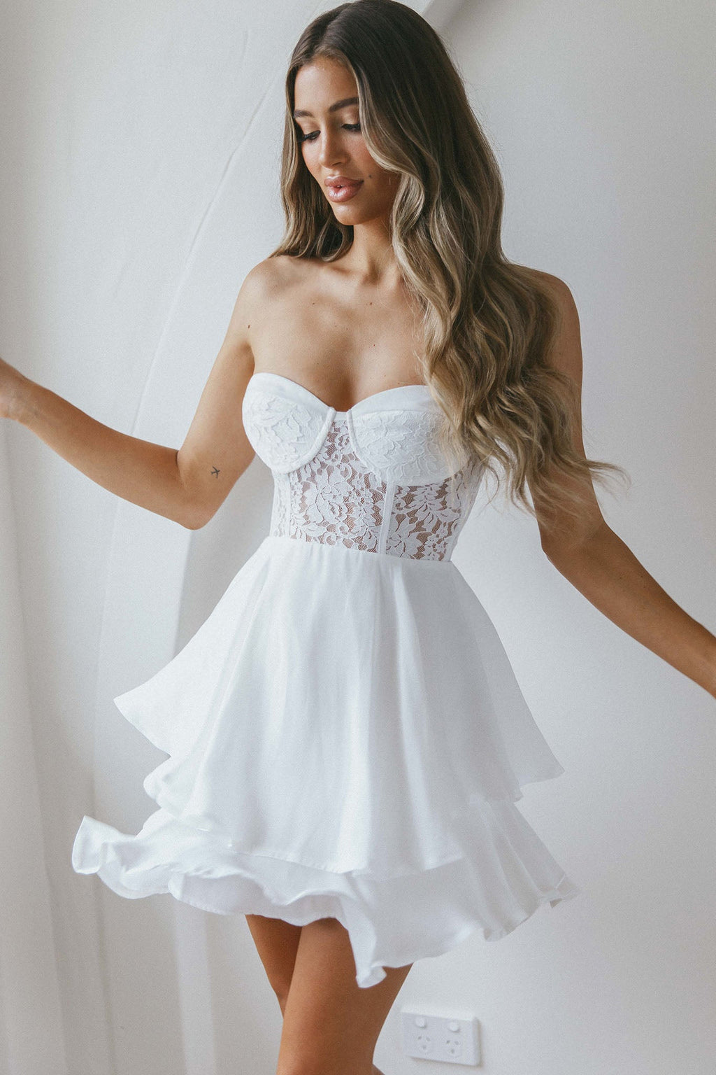 In Your Arms Strapless Lace Bodice Layered Hem Mini Dress White by Selfie Leslie