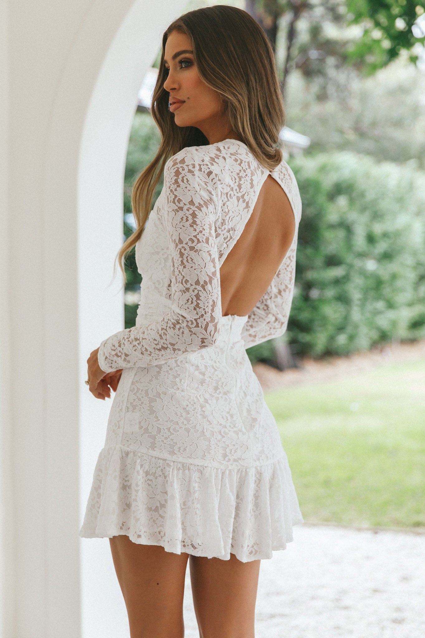 Hearts Aflutter Long Sleeve Open Back Lace Mini Dress White by Selfie Leslie