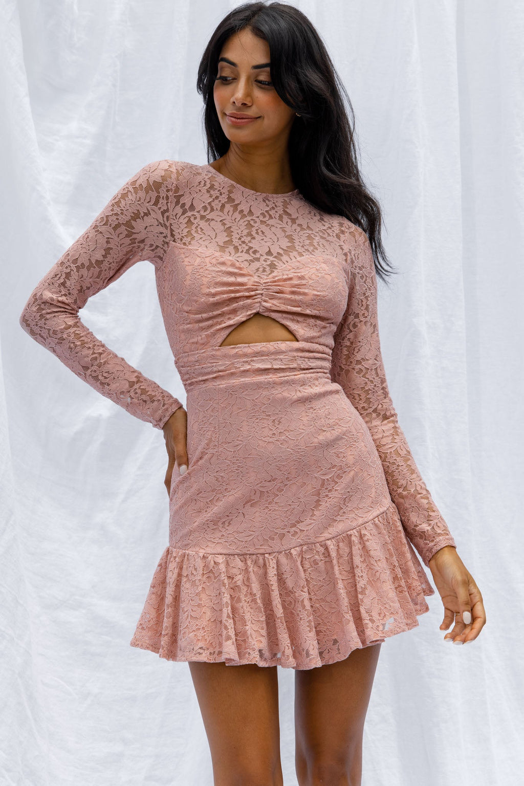 Hearts Aflutter Long Sleeve Open Back Lace Mini Dress Blush by Selfie Leslie