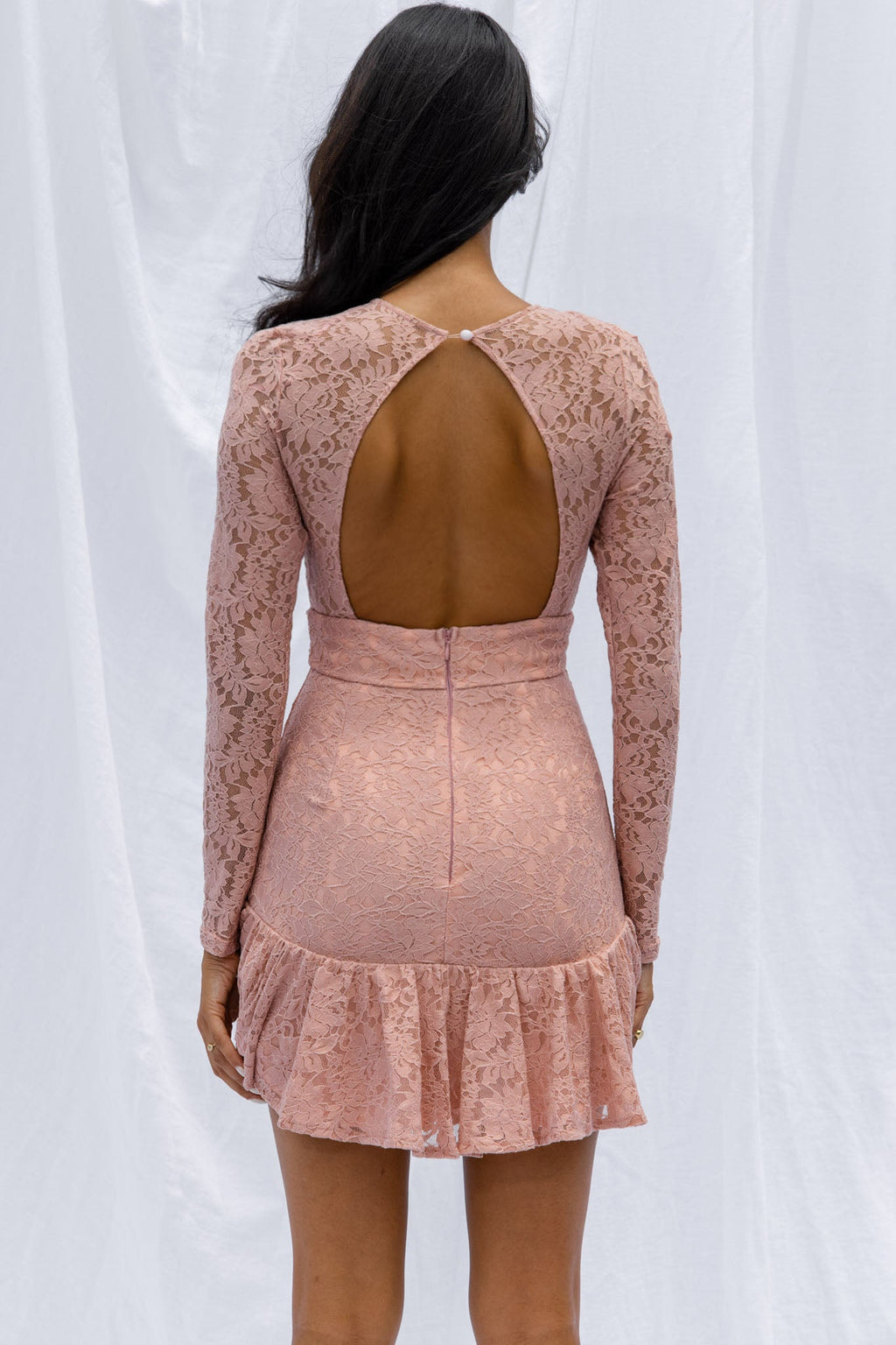 Hearts Aflutter Long Sleeve Open Back Lace Mini Dress Blush by Selfie Leslie