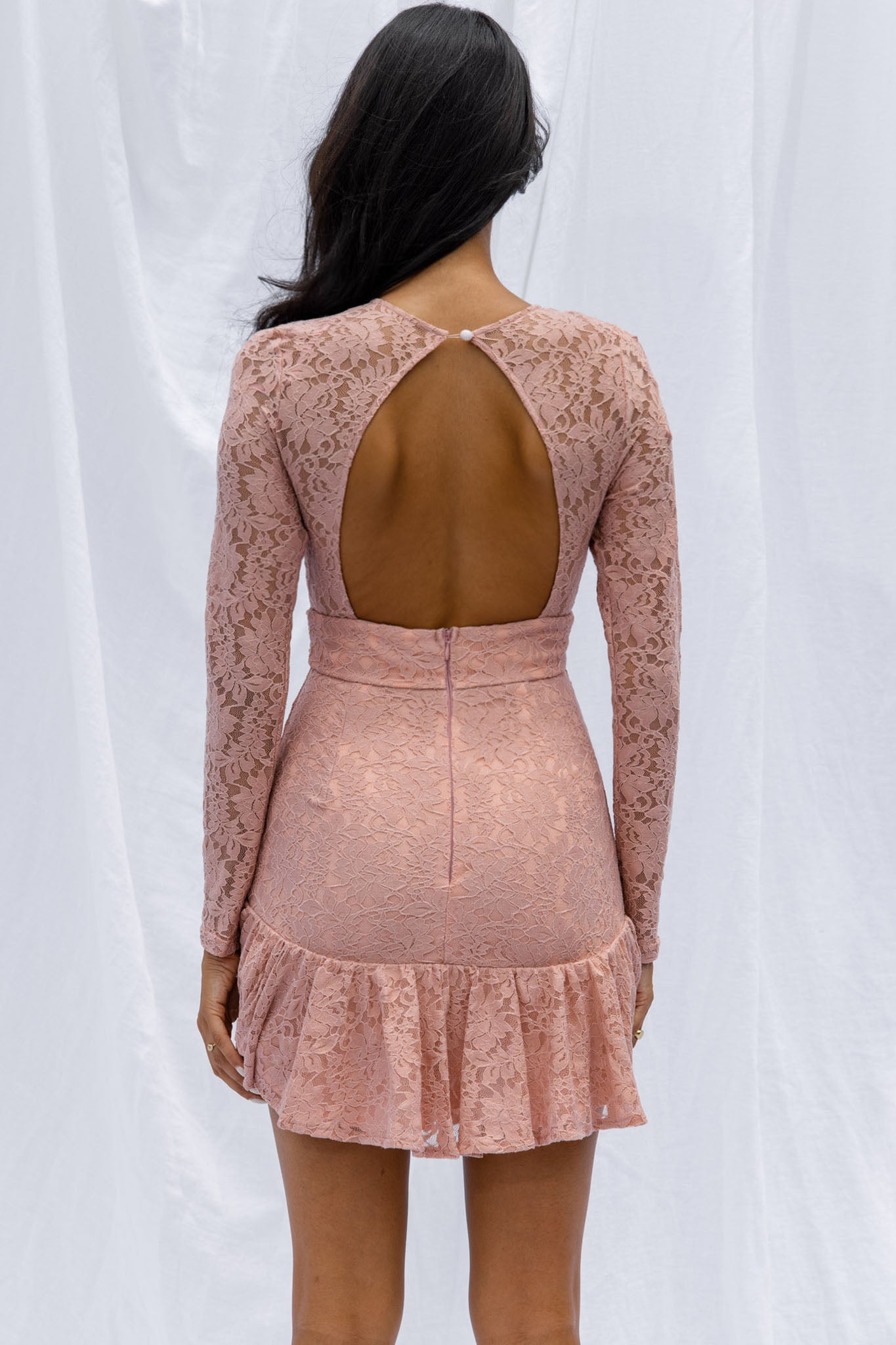 Hearts Aflutter Long Sleeve Open Back Lace Mini Dress Blush by Selfie Leslie