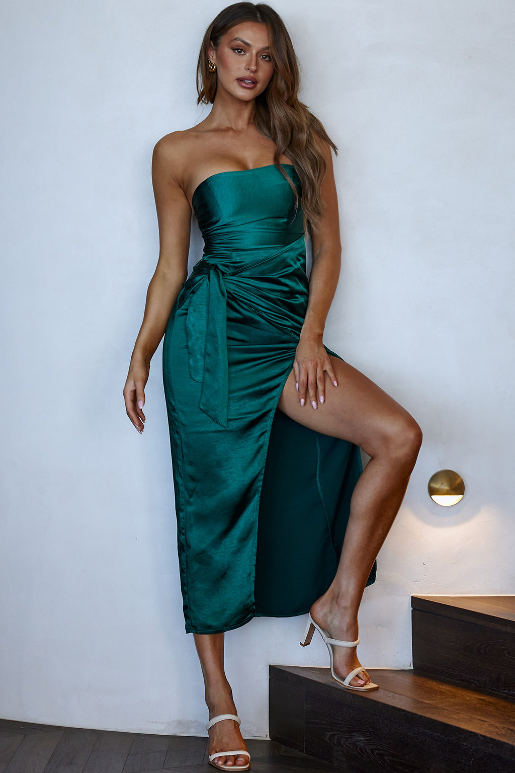 Gianna Strapless Waist Tie Midi Dress Forest Green by Selfie Leslie
