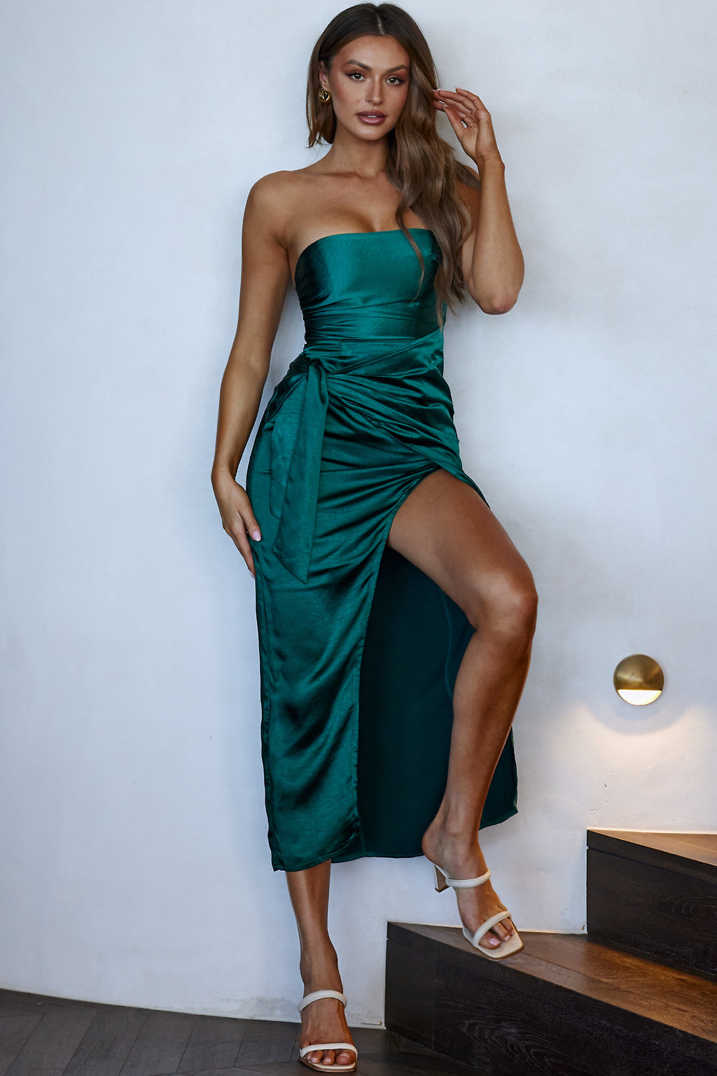Gianna Strapless Waist Tie Midi Dress Forest Green by Selfie Leslie