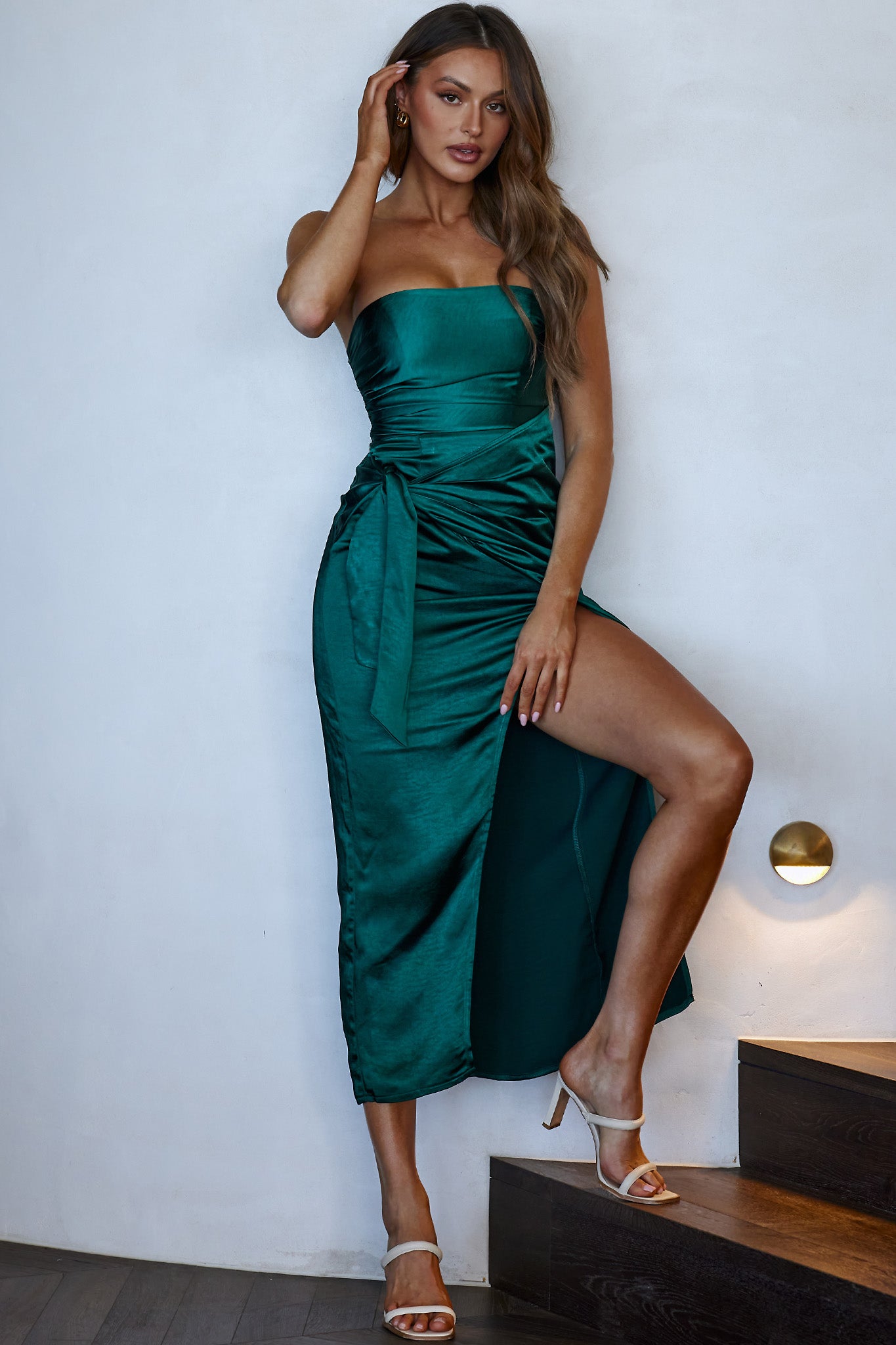Gianna Strapless Waist Tie Midi Dress Forest Green by Selfie Leslie