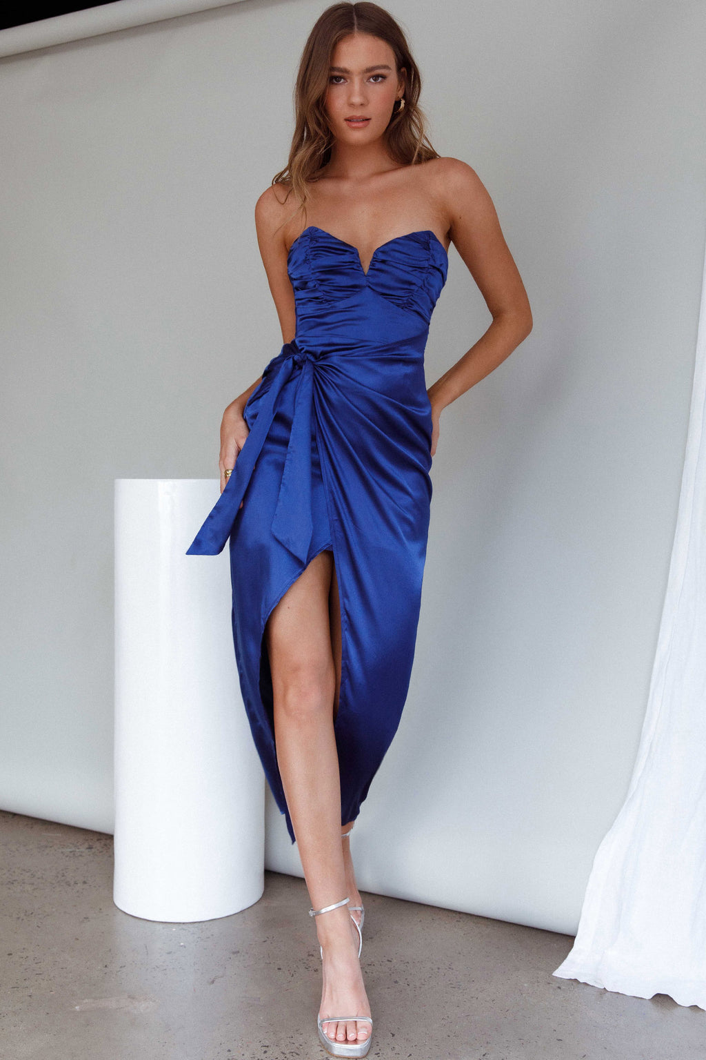 Gianna Strapless Ruched Bust Midi Dress Navy by Selfie Leslie Australia