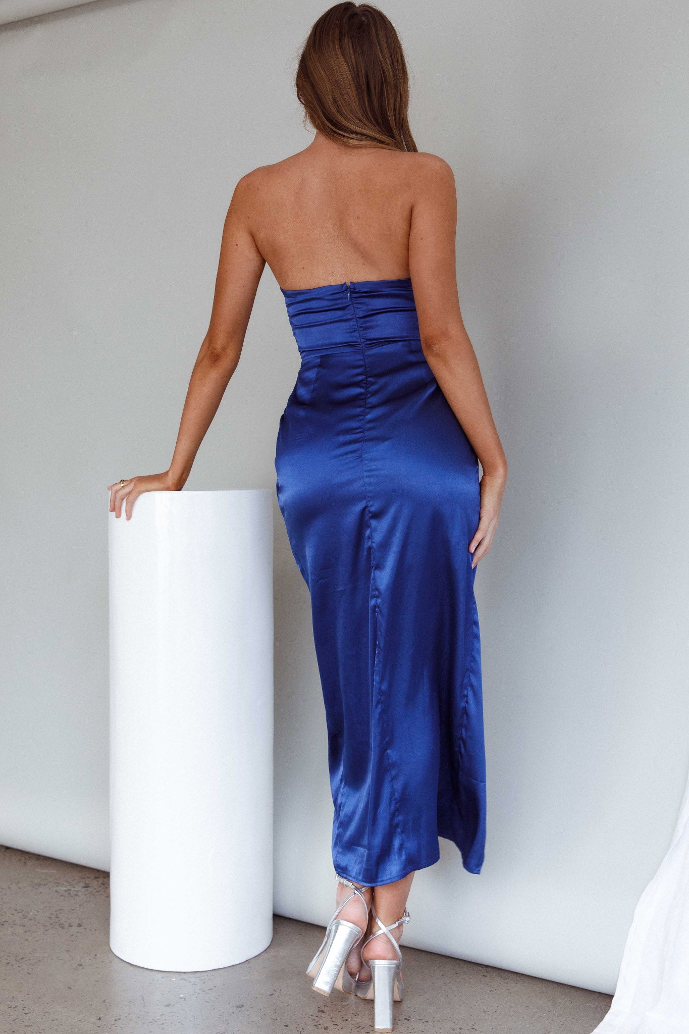 Gianna Strapless Ruched Bust Midi Dress Navy by Selfie Leslie Australia