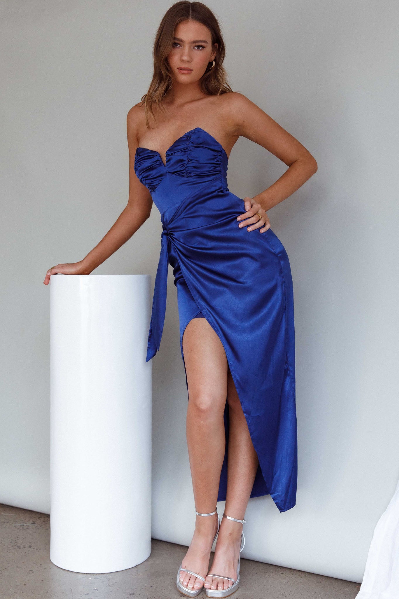 Gianna Strapless Ruched Bust Midi Dress Navy by Selfie Leslie Australia
