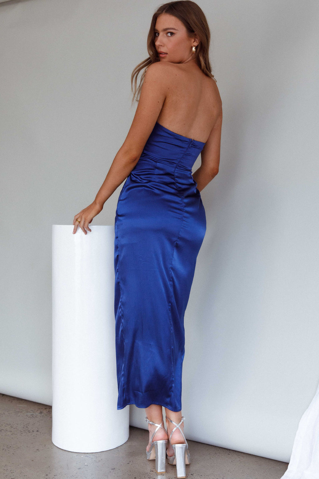 Gianna Strapless Ruched Bust Midi Dress Navy by Selfie Leslie Australia