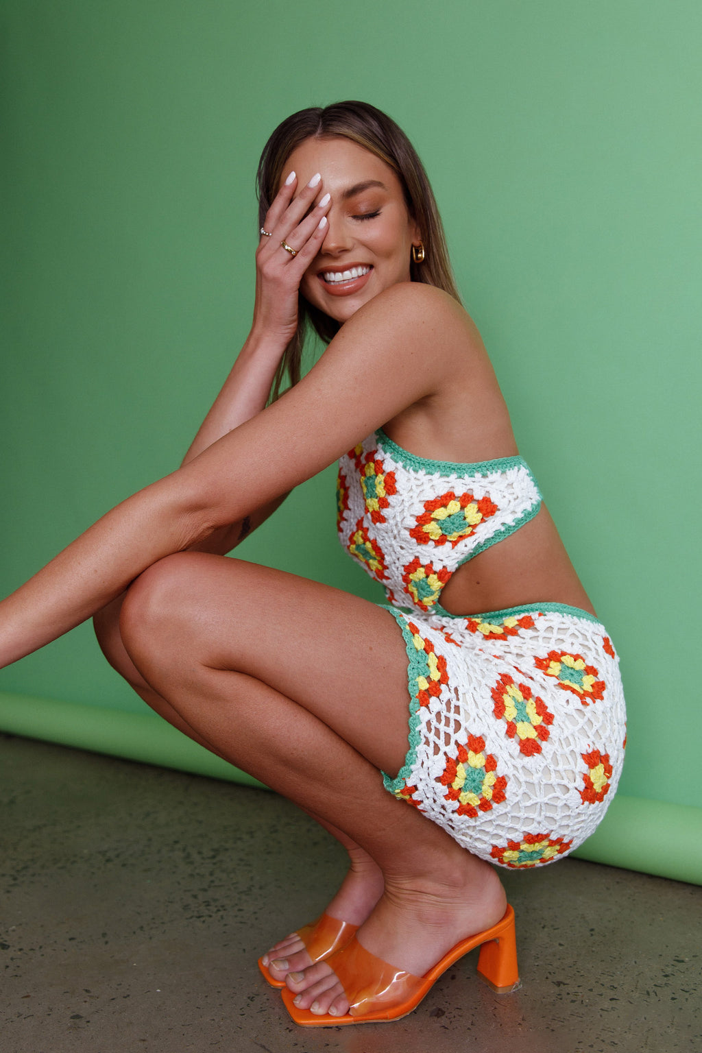 Summer Love Open Back Crochet Mini Dress Green by Selfie Leslie Australia