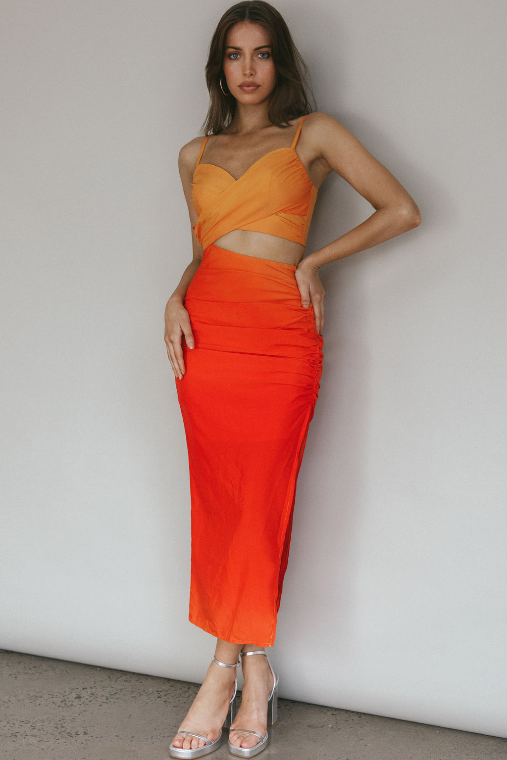 Heart On Fire Cut-Out Waist Midi Dress Orange/Red by Selfie Leslie Australia