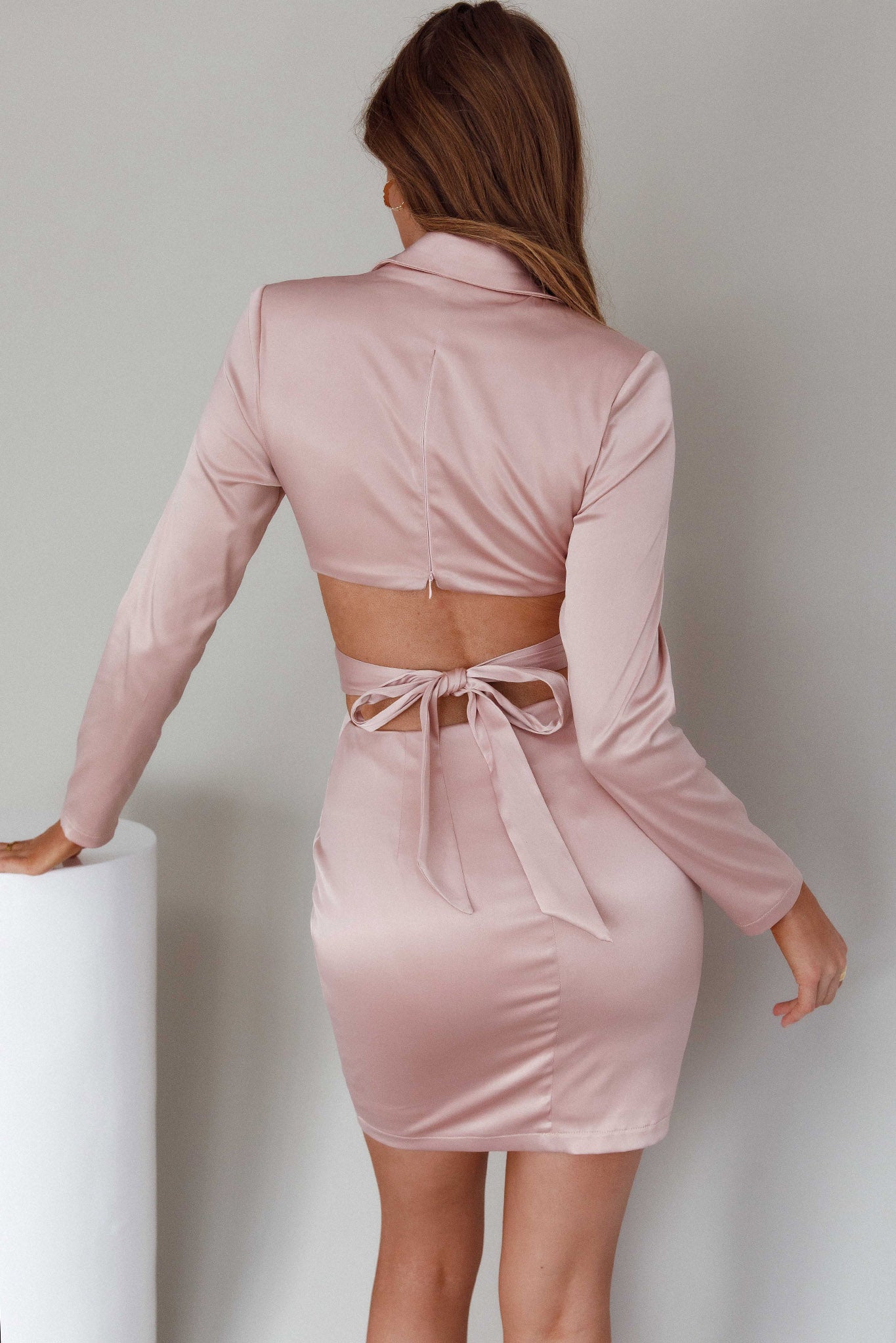 Antoinette Collared Long Sleeve Mini Dress Champagne by Selfie Leslie Australia