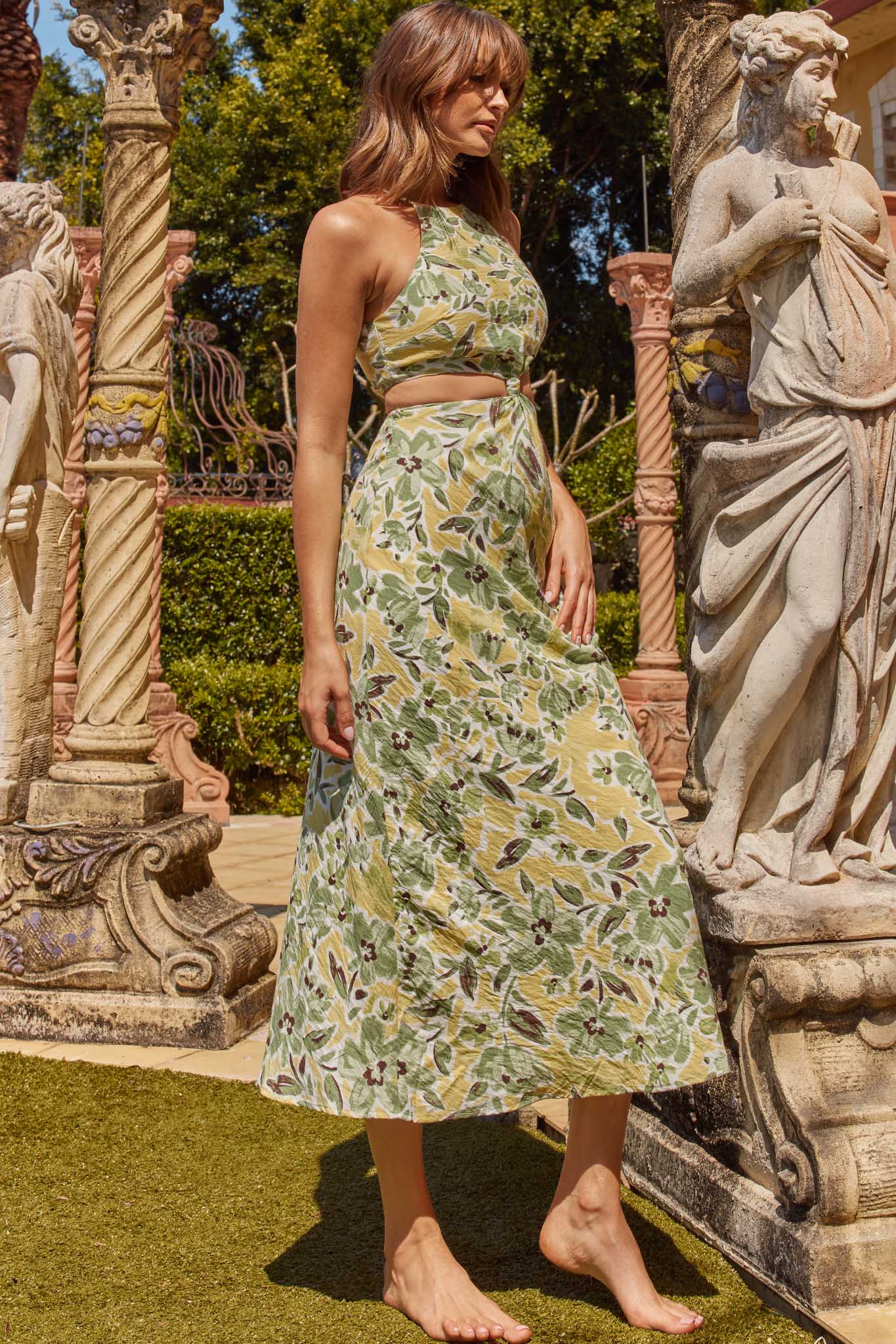 Utopia Cut-Out Waist Midi Dress Green/Yellow by Selfie Leslie Australia