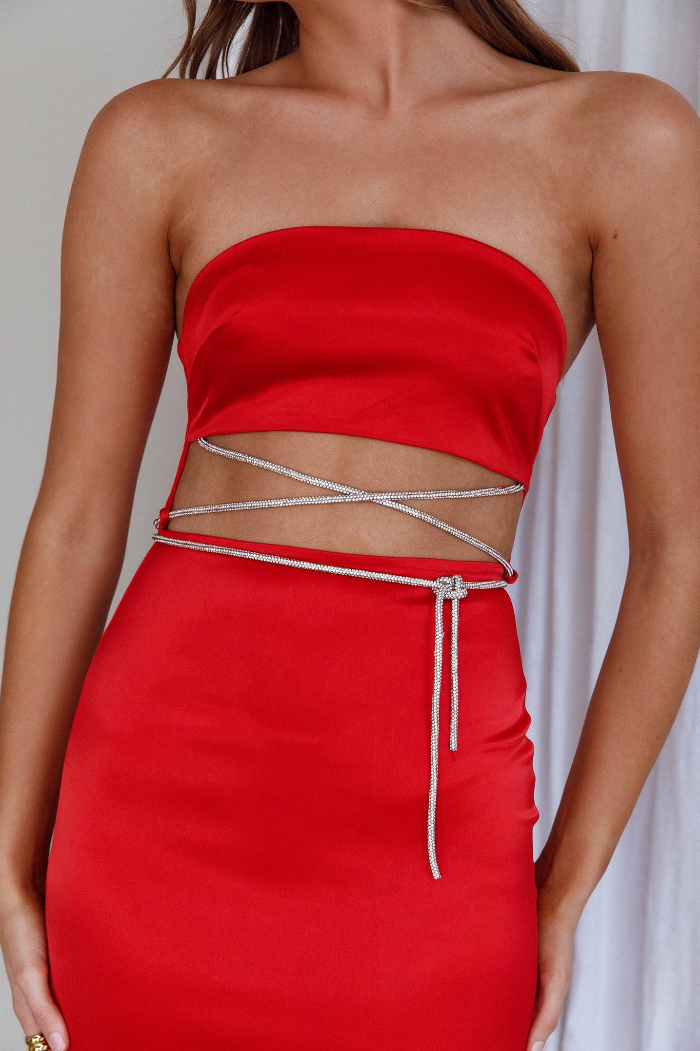 Nohemi Strapless Diamante Maxi Dress Red by Selfie Leslie Australia