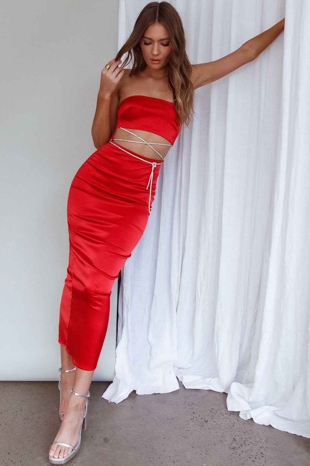 Nohemi Strapless Diamante Maxi Dress Red by Selfie Leslie Australia