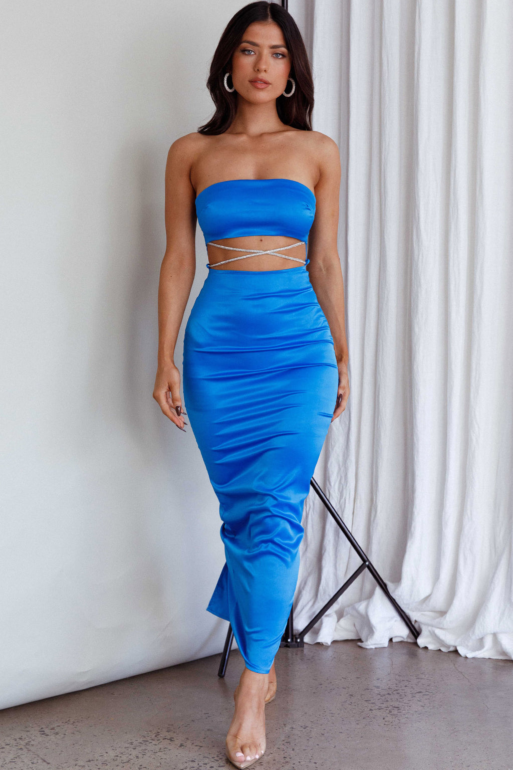 Nohemi Strapless Diamante Maxi Dress Blue by Selfie Leslie Australia