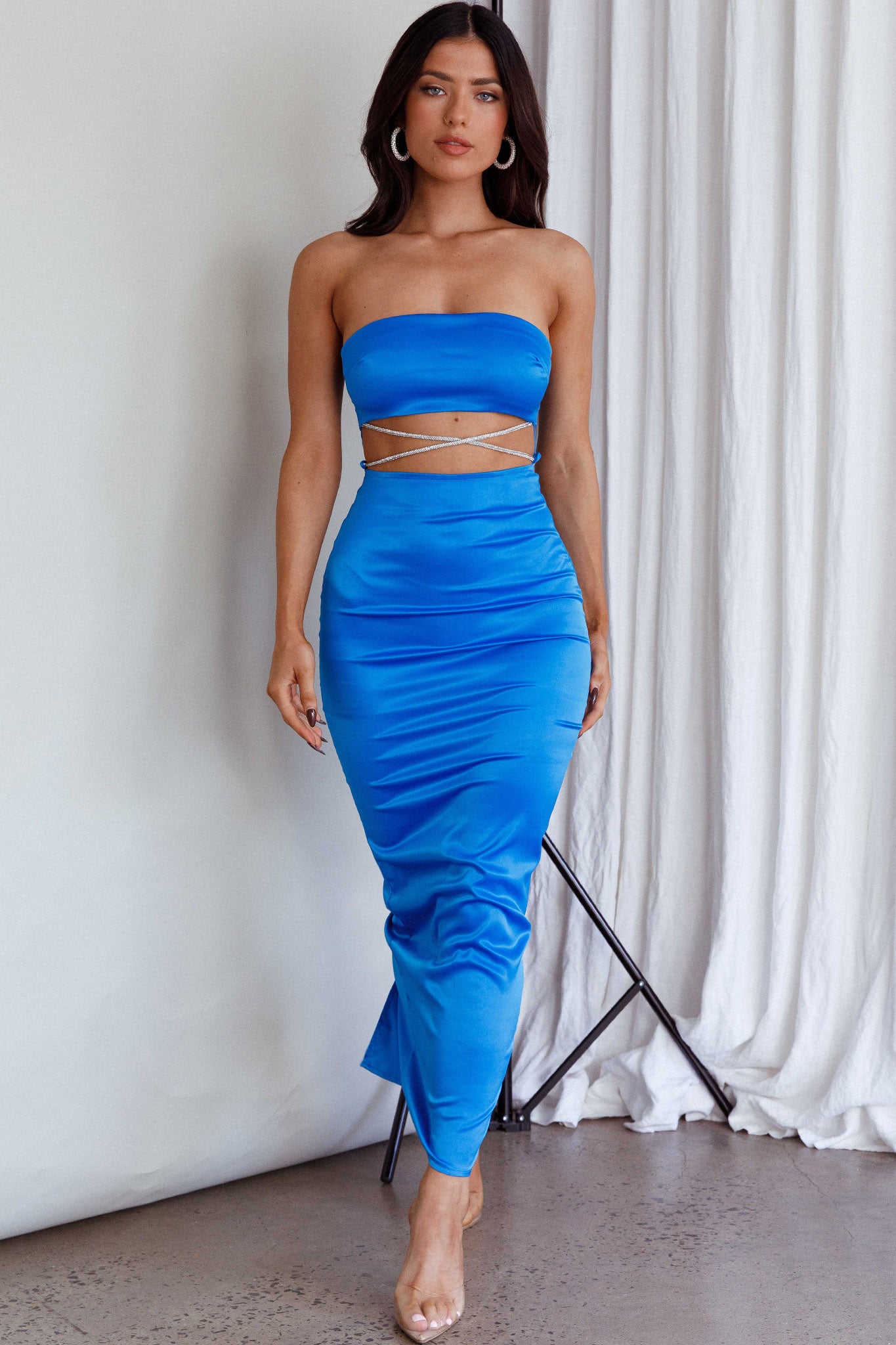 Nohemi Strapless Diamante Maxi Dress Blue by Selfie Leslie Australia
