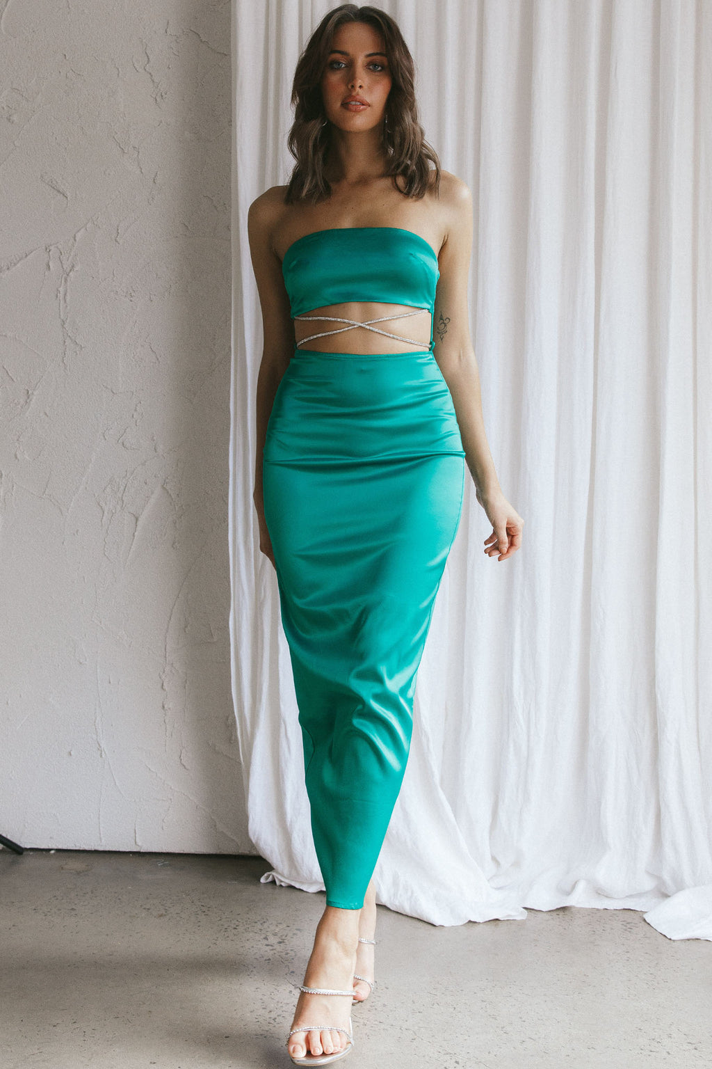 Nohemi Strapless Diamante Maxi Dress Green by Selfie Leslie Australia