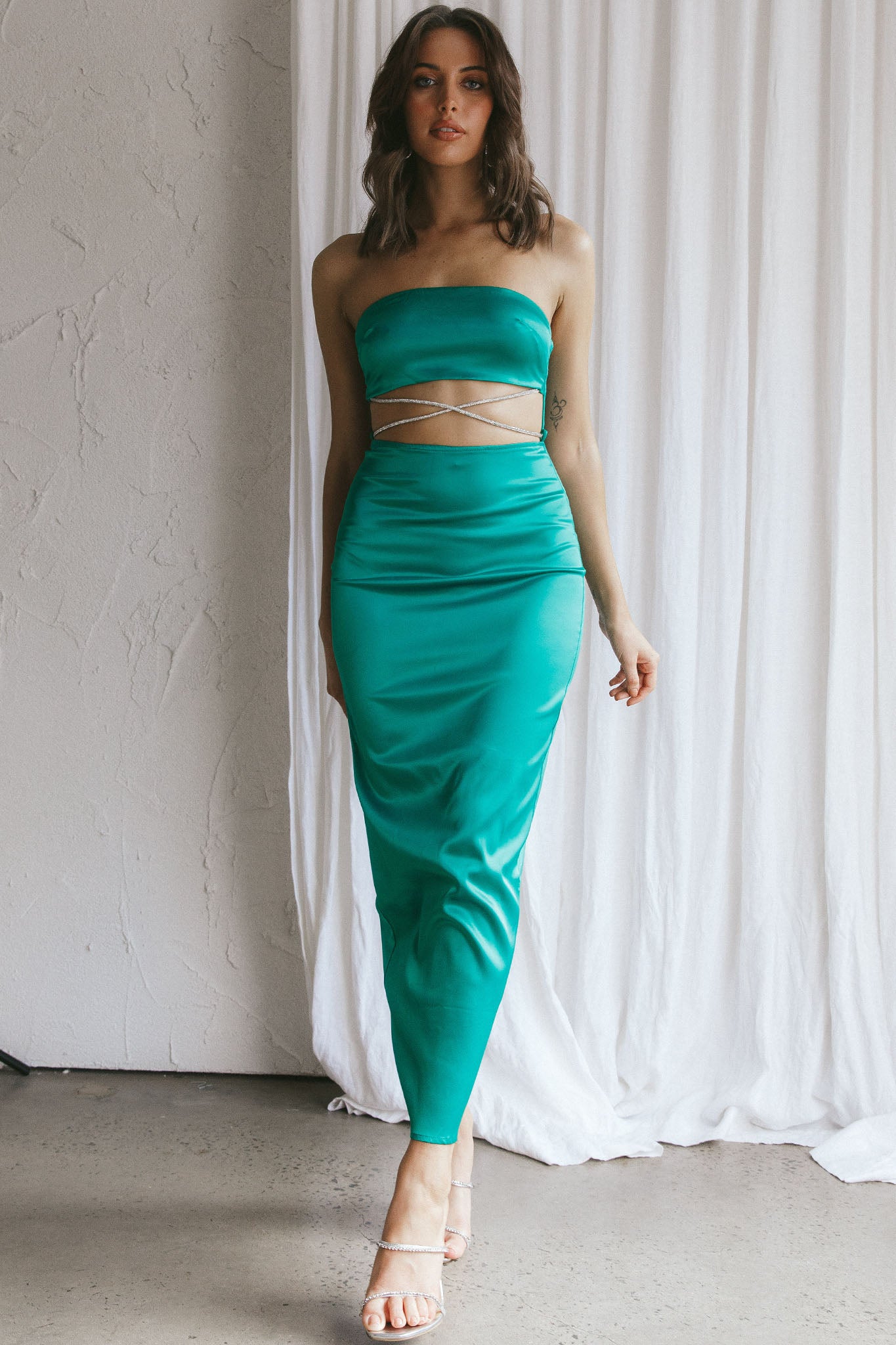 Nohemi Strapless Diamante Maxi Dress Green by Selfie Leslie Australia