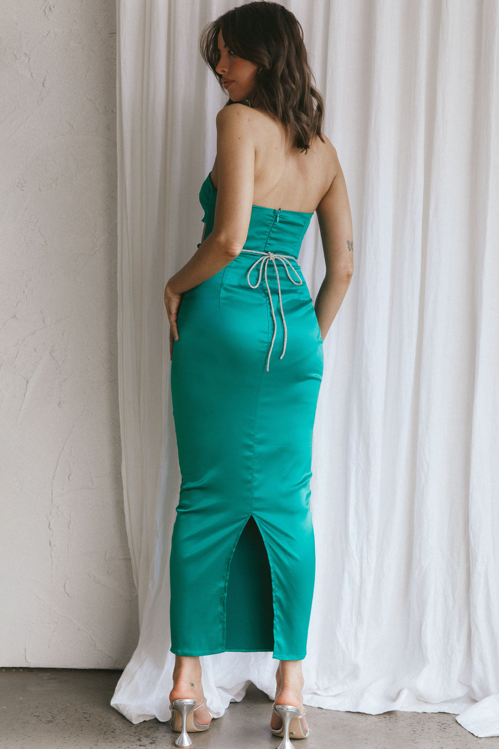 Nohemi Strapless Diamante Maxi Dress Green by Selfie Leslie Australia