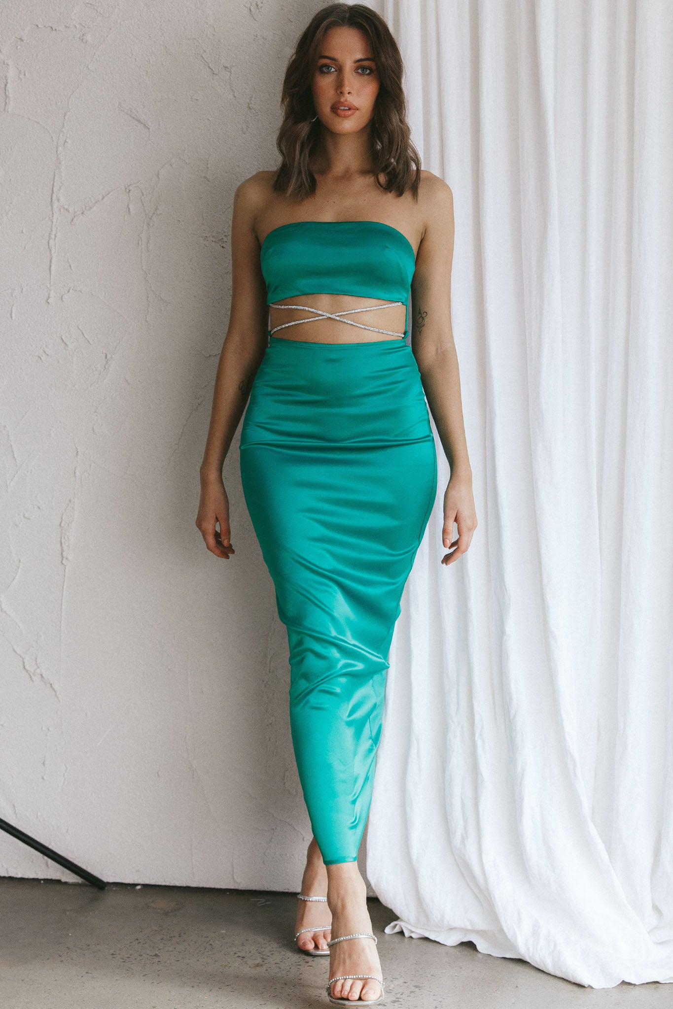 Nohemi Strapless Diamante Maxi Dress Green by Selfie Leslie Australia