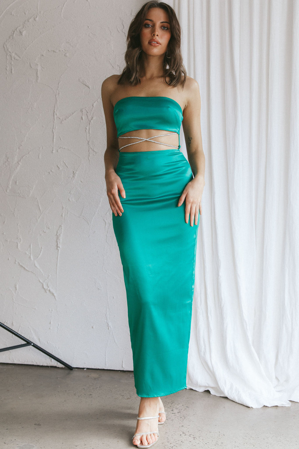 Nohemi Strapless Diamante Maxi Dress Green by Selfie Leslie Australia