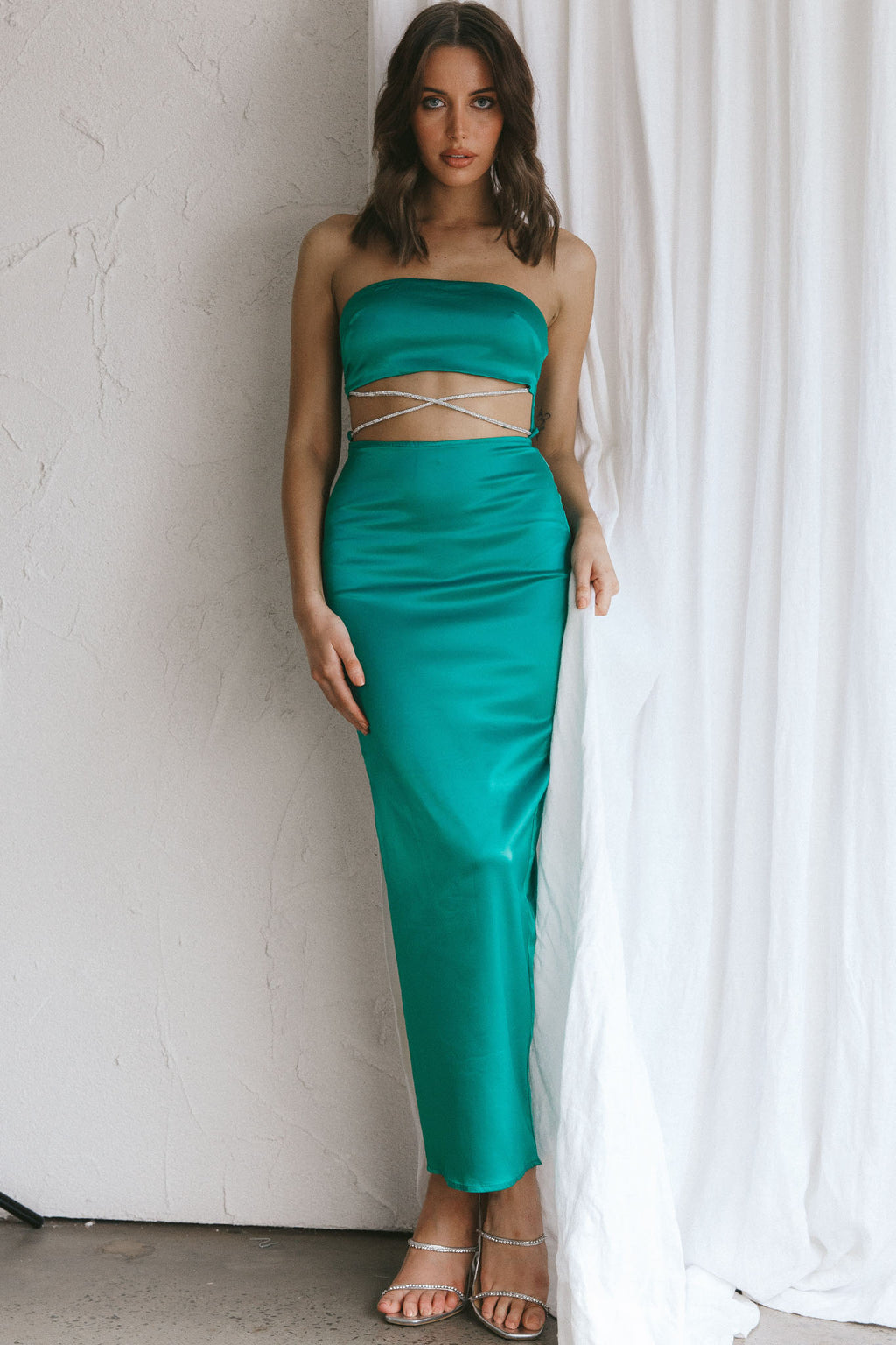 Nohemi Strapless Diamante Maxi Dress Green by Selfie Leslie Australia