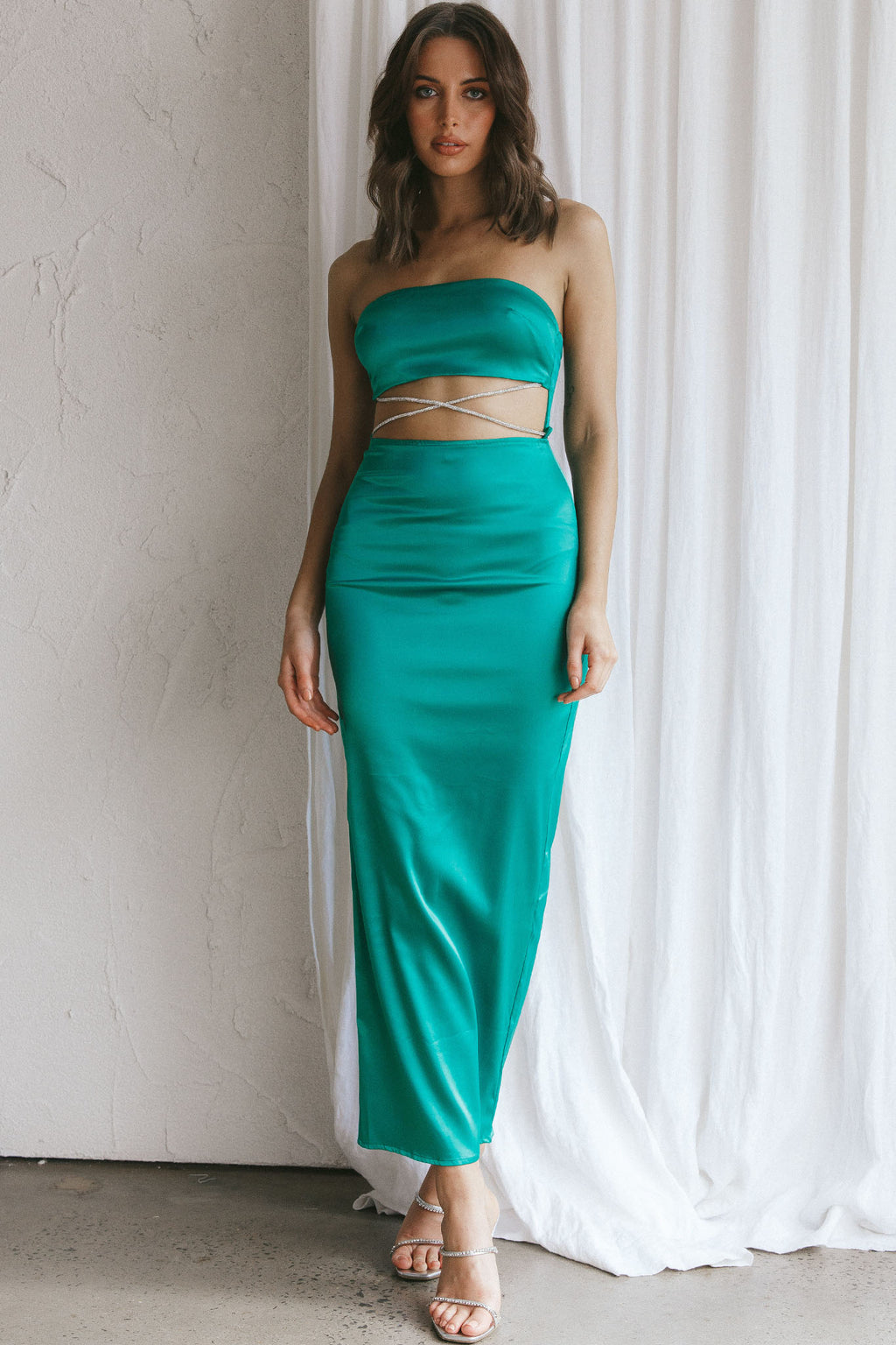 Nohemi Strapless Diamante Maxi Dress Green by Selfie Leslie Australia