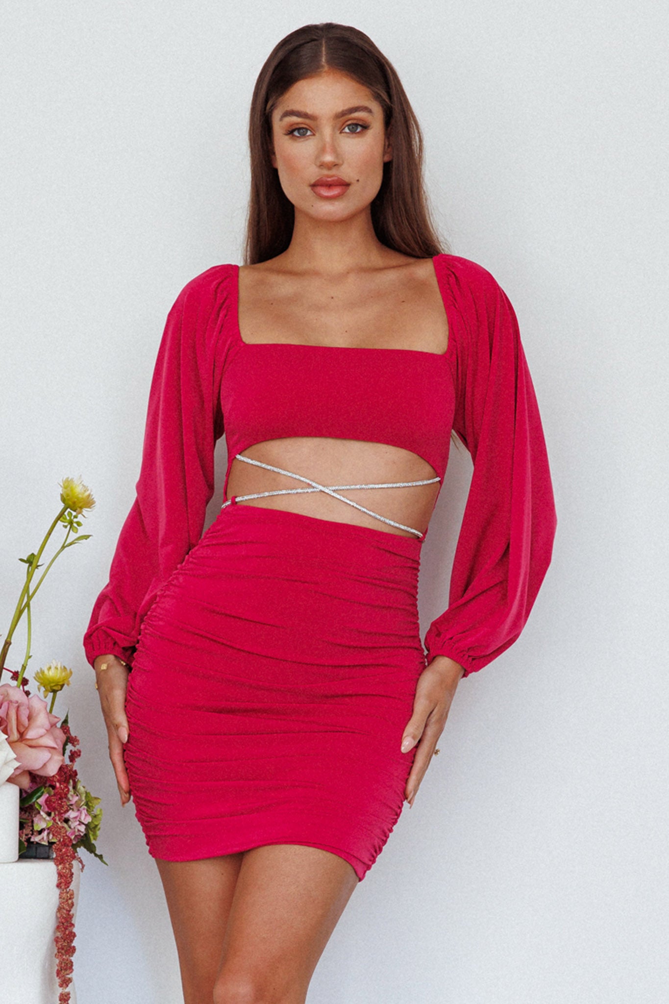 Nohemi Long Sleeve Diamante Mini Dress Plum by Selfie Leslie Australia