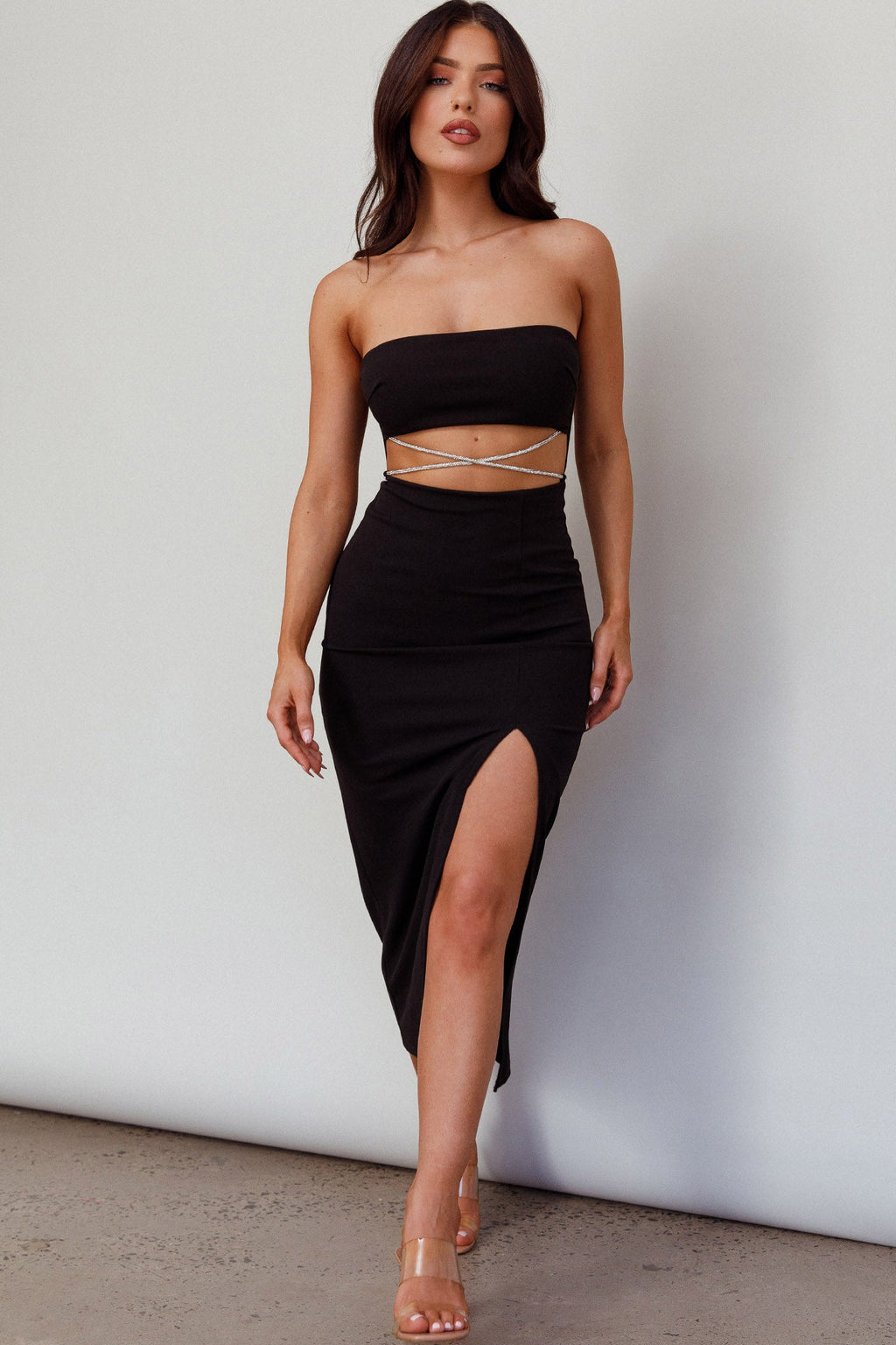 Nohemi Strapless Diamante Midi Dress Black by Selfie Leslie